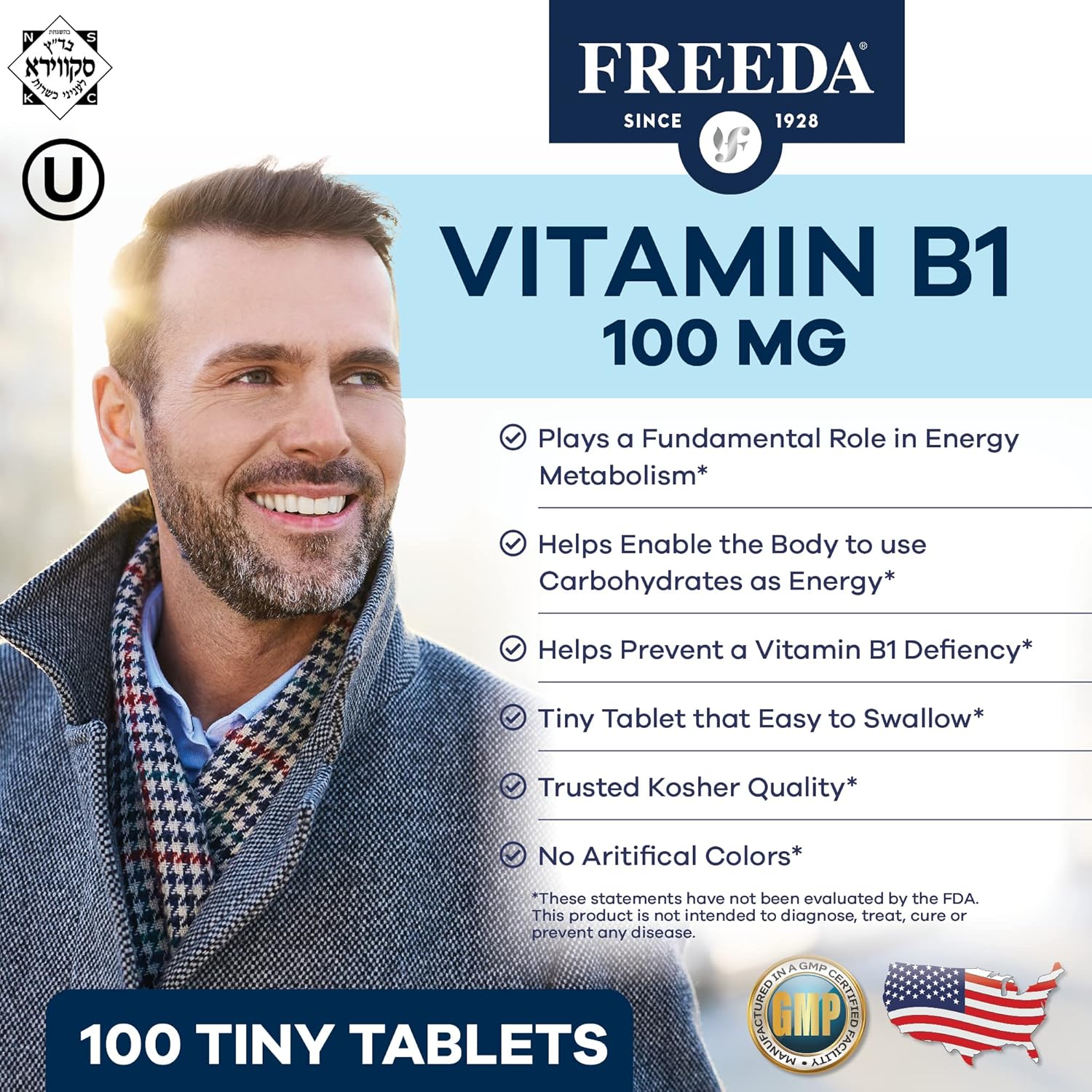 100mg Vitamin B1 Thiamine Supplement - Supports Energy & Nervous System Health - Kosher, Vegan, Gluten-Free - Pure Thiamin HCl - 100 Count