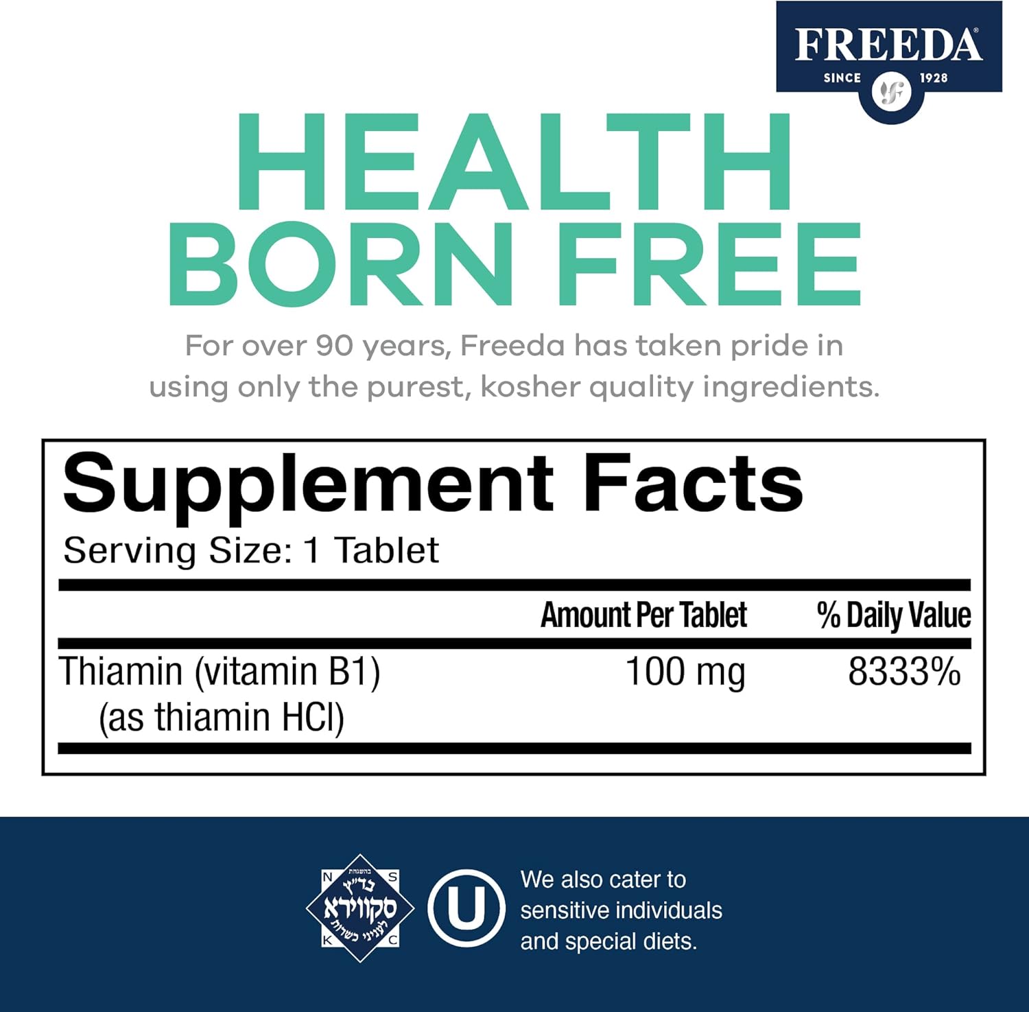 100mg Vitamin B1 Thiamine Supplement - Supports Energy & Nervous System Health - Kosher, Vegan, Gluten-Free - Pure Thiamin HCl - 100 Count