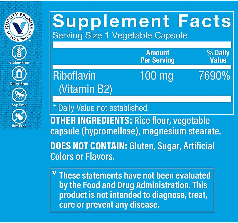 100mg Vitamin B2 (Riboflavin) Capsules for Energy & Nutrient Support - Essential B Vitamin Supplement - Gluten Free - 100ct by The Vitamin Shoppe