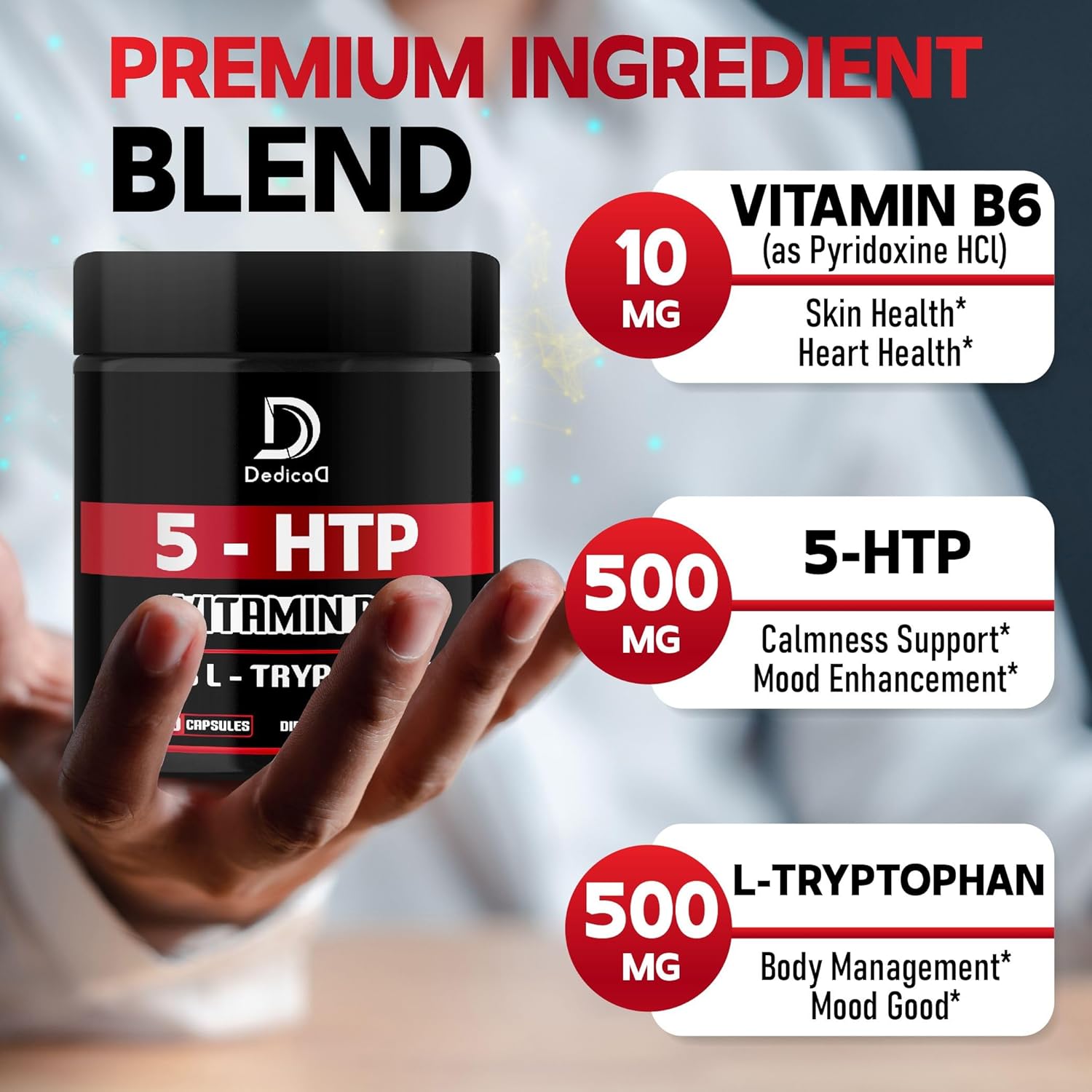 1010mg 5 HTP Supplement with Vitamin B6 and L-Tryptophan - 60 Capsules for Mood, Brain, Body & Immune System Support