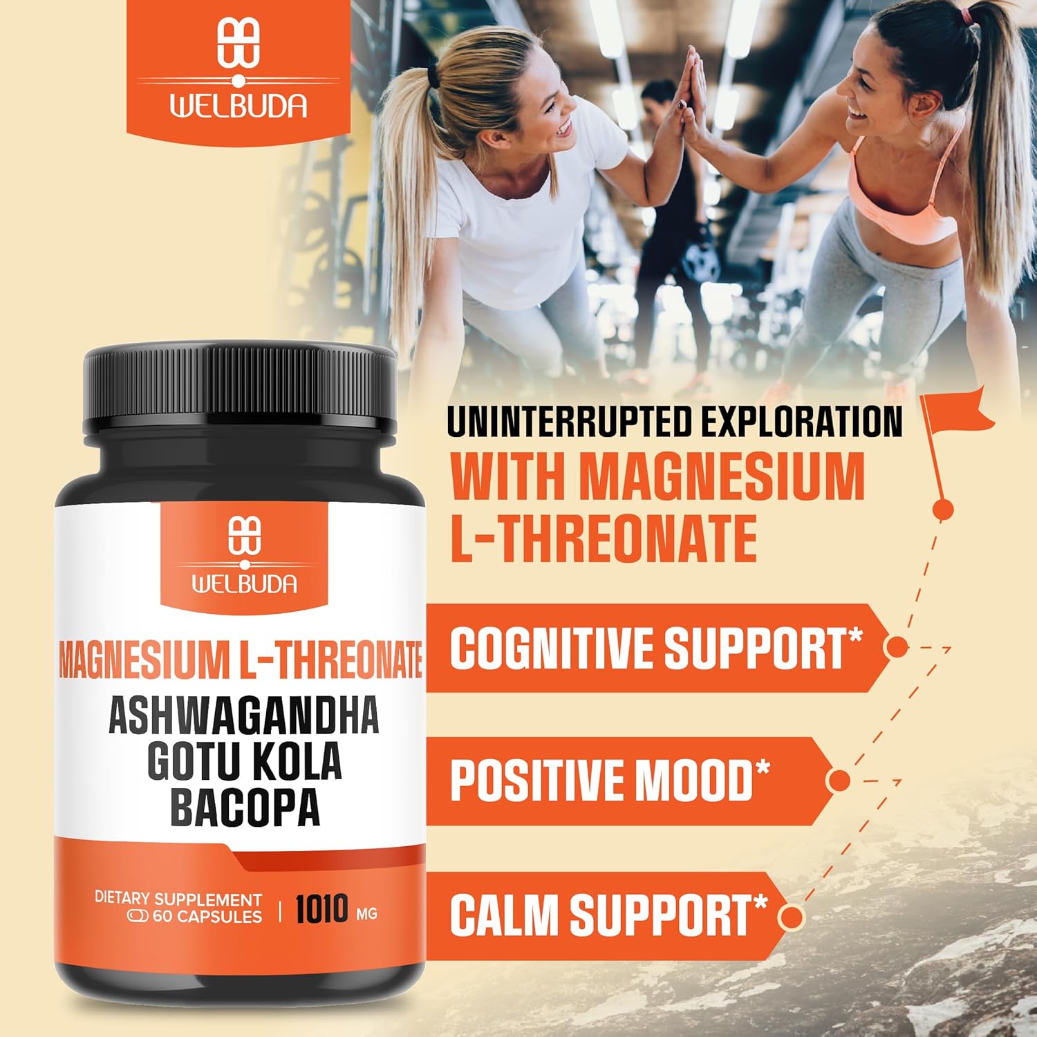 1010mg Magnesium L-Threonate Capsules with Ashwagandha & Gotu Kola - Brain Health & Mood Support - 60 Capsules