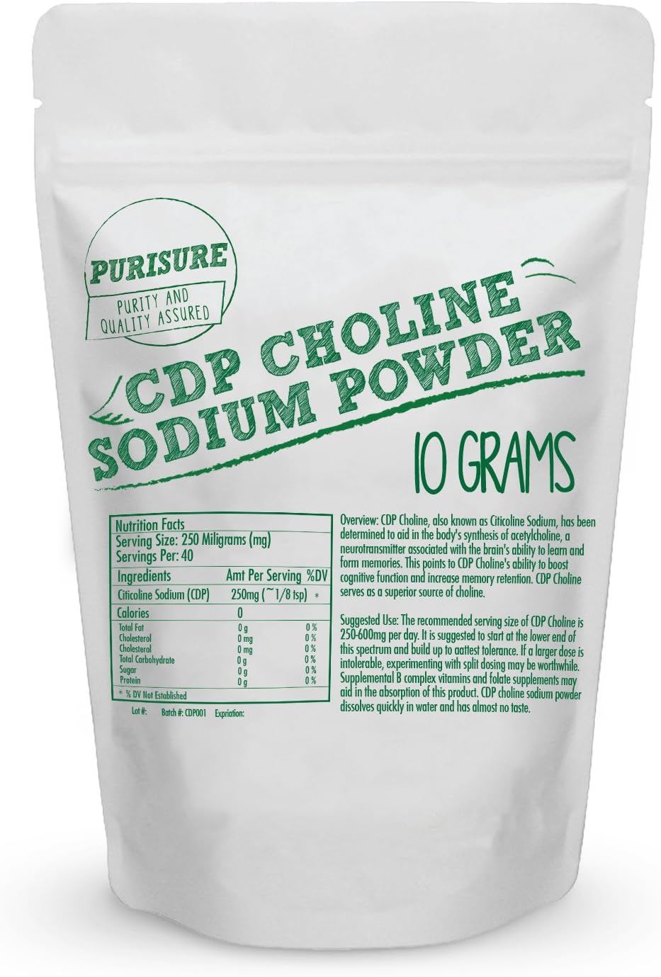 10g Purisure CDP Choline Powder - Citicoline Supplement for Energy, Focus, Cognitive Function - 40 Servings