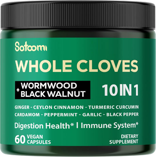 10in1 Clove Supplement with Wormwood, Black Walnut, Cinnamon, Turmeric, Ginger for Digestive, Immune, Bone & Heart Health - 60 Capsules