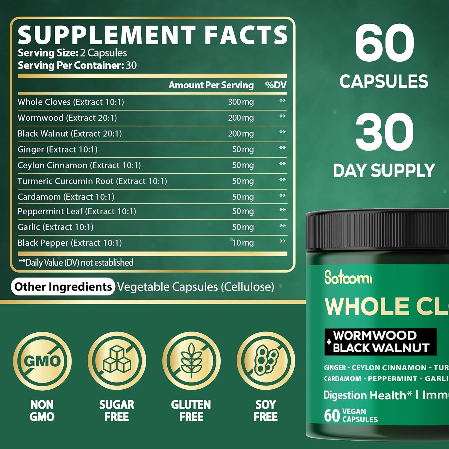 10in1 Clove Supplement with Wormwood, Black Walnut, Cinnamon, Turmeric, Ginger for Digestive, Immune, Bone & Heart Health - 60 Capsules