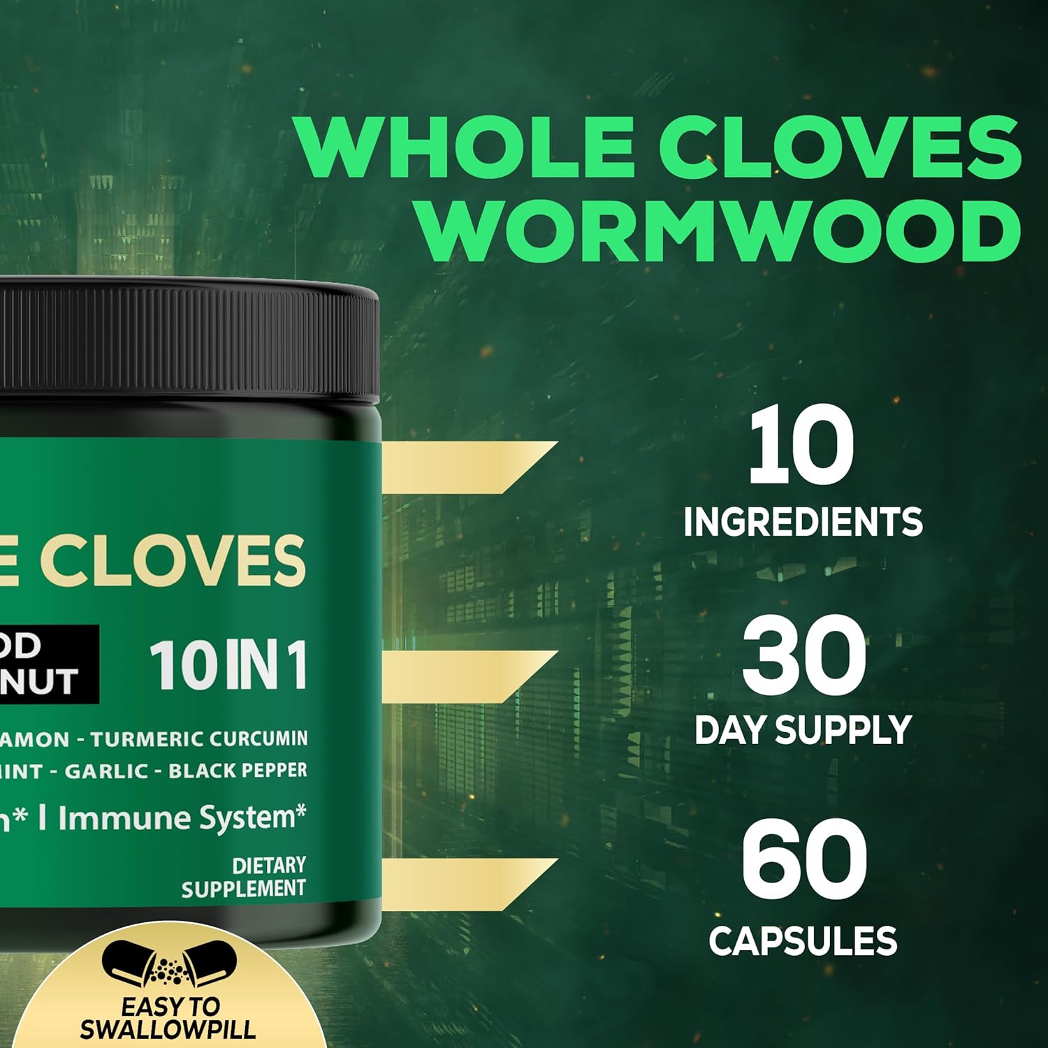 10in1 Clove Supplement with Wormwood, Black Walnut, Cinnamon, Turmeric, Ginger for Digestive, Immune, Bone & Heart Health - 60 Capsules
