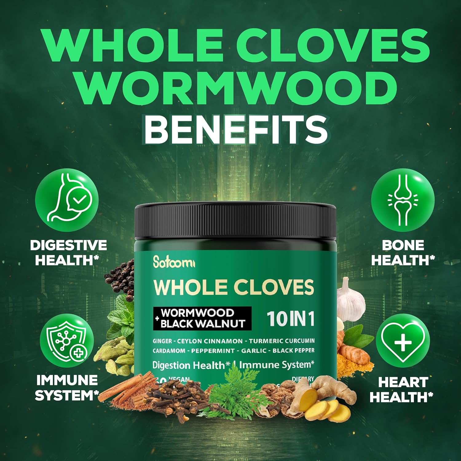 10in1 Clove Supplement with Wormwood, Black Walnut, Cinnamon, Turmeric, Ginger for Digestive, Immune, Bone & Heart Health - 60 Capsules