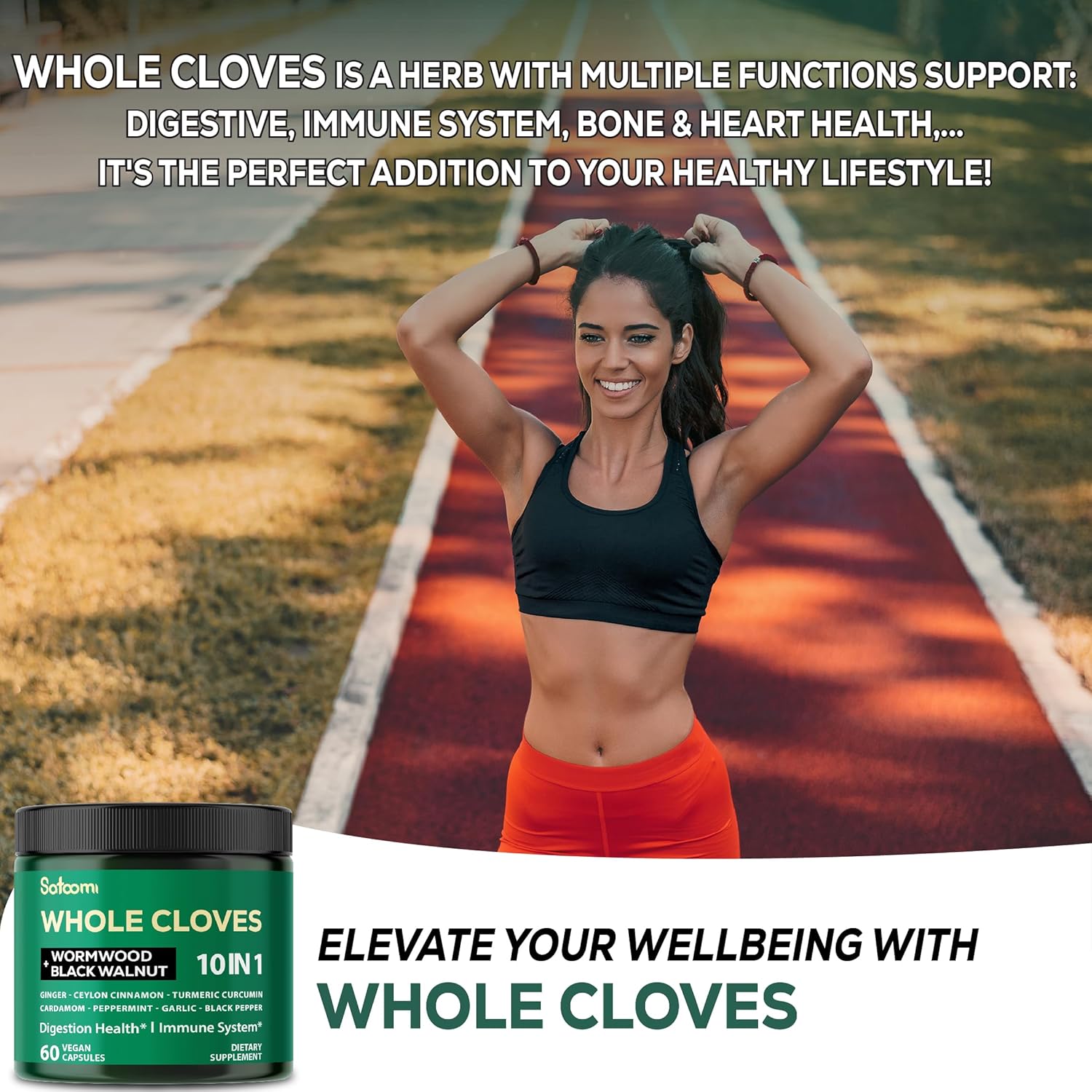 10in1 Clove Supplement with Wormwood, Black Walnut, Cinnamon, Turmeric, Ginger for Digestive, Immune, Bone & Heart Health - 60 Capsules