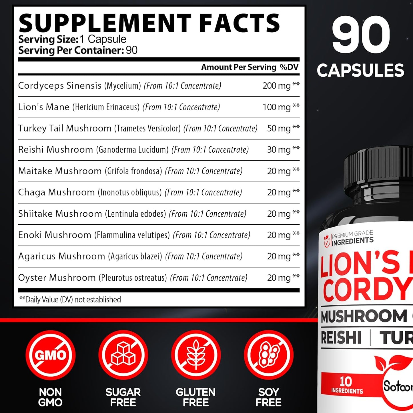 10in1 Cordyceps Mushroom Supplement - Enhanced with Lions Mane, Turkey Tail, Reishi & More - 90 Capsules, 90 Servings
