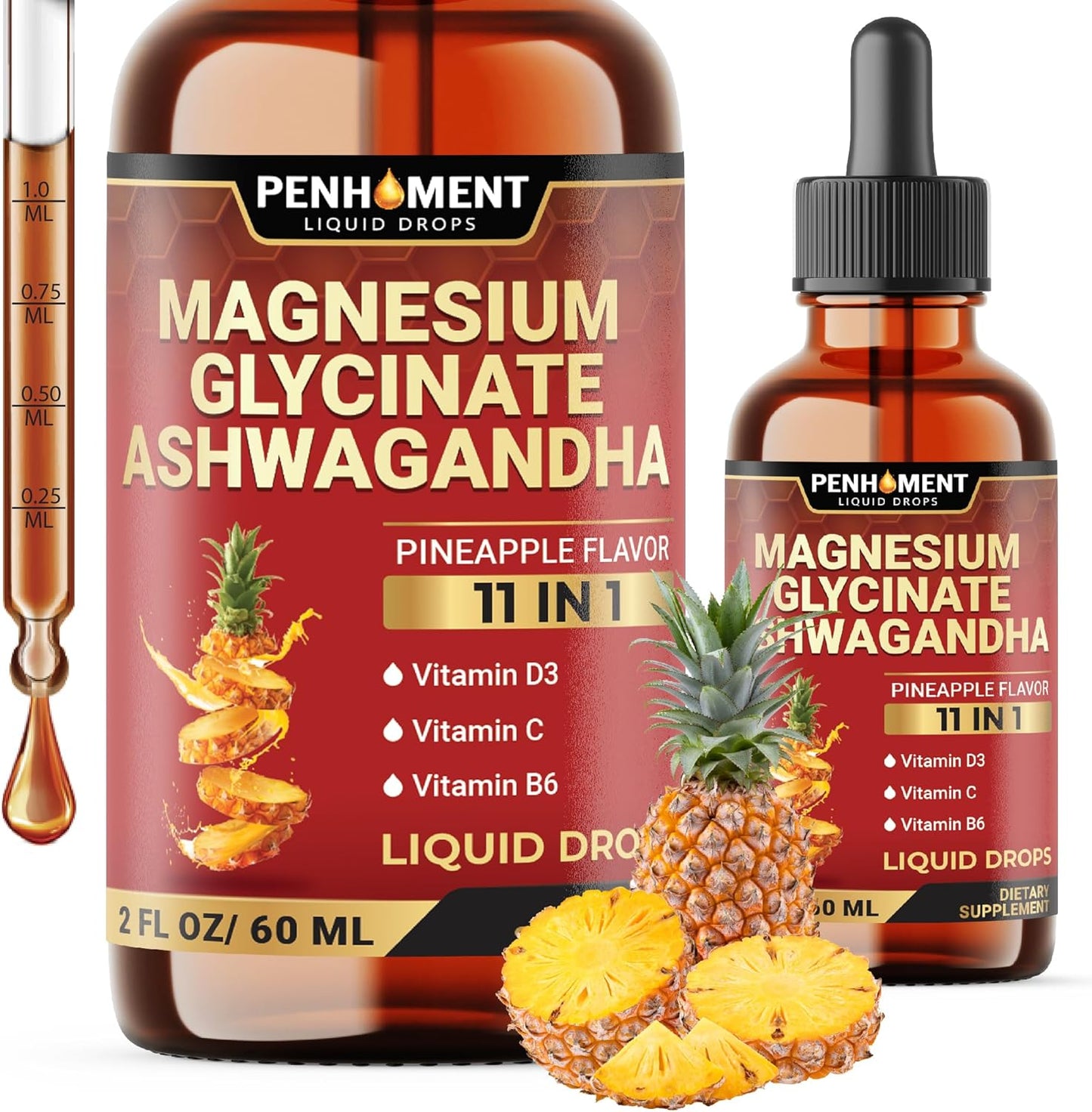 10in1 Magnesium Glycinate Liquid Drops with Ashwagandha Root, Vitamin C, D, B6 - Brain & Immune Support - 2oz Pineapple Flavor
