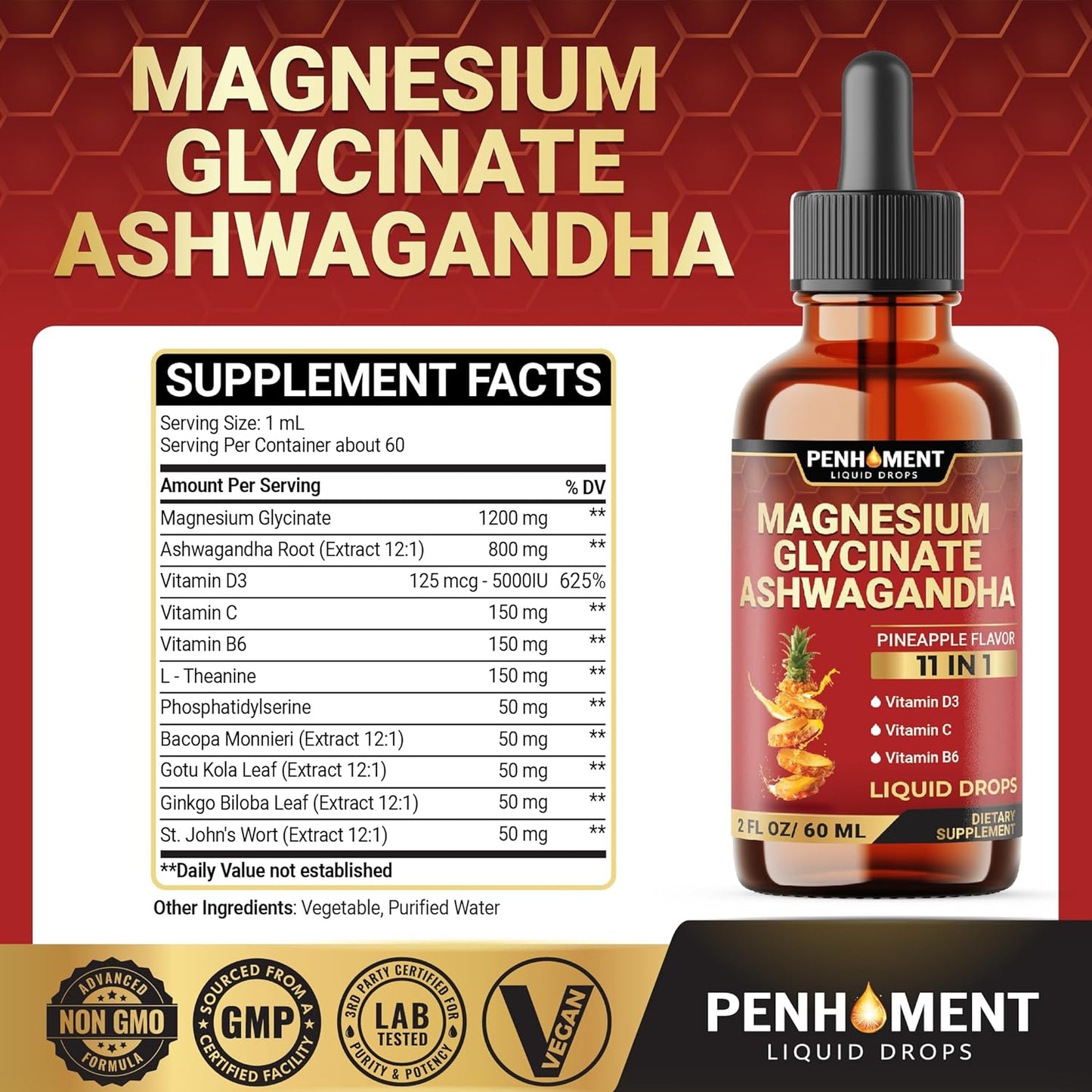 10in1 Magnesium Glycinate Liquid Drops with Ashwagandha Root, Vitamin C, D, B6 - Brain & Immune Support - 2oz Pineapple Flavor