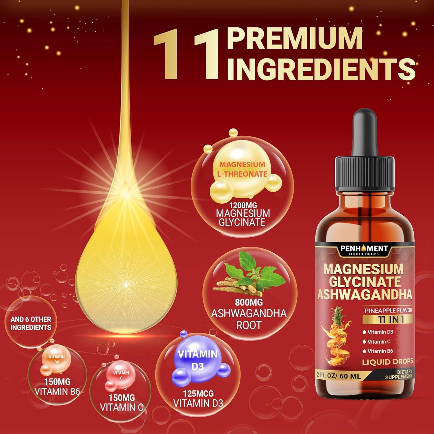 10in1 Magnesium Glycinate Liquid Drops with Ashwagandha Root, Vitamin C, D, B6 - Brain & Immune Support - 2oz Pineapple Flavor