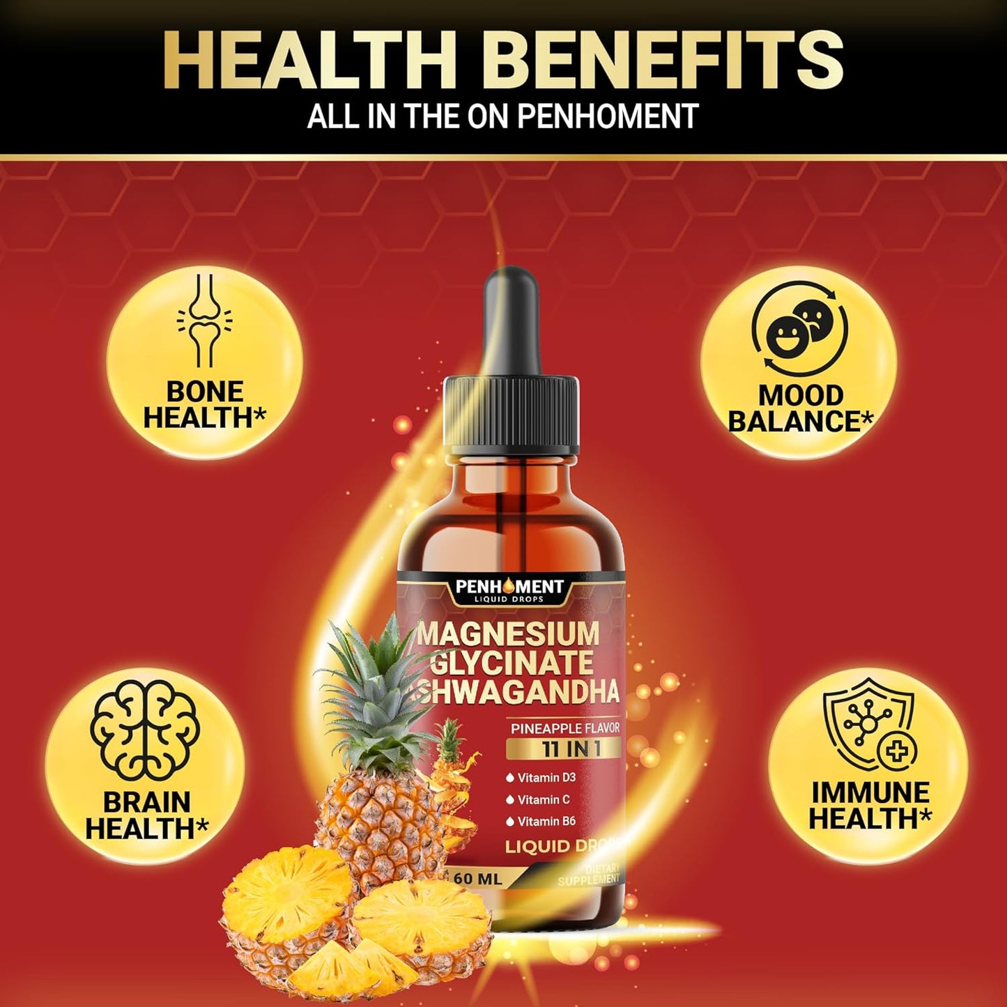 10in1 Magnesium Glycinate Liquid Drops with Ashwagandha Root, Vitamin C, D, B6 - Brain & Immune Support - 2oz Pineapple Flavor