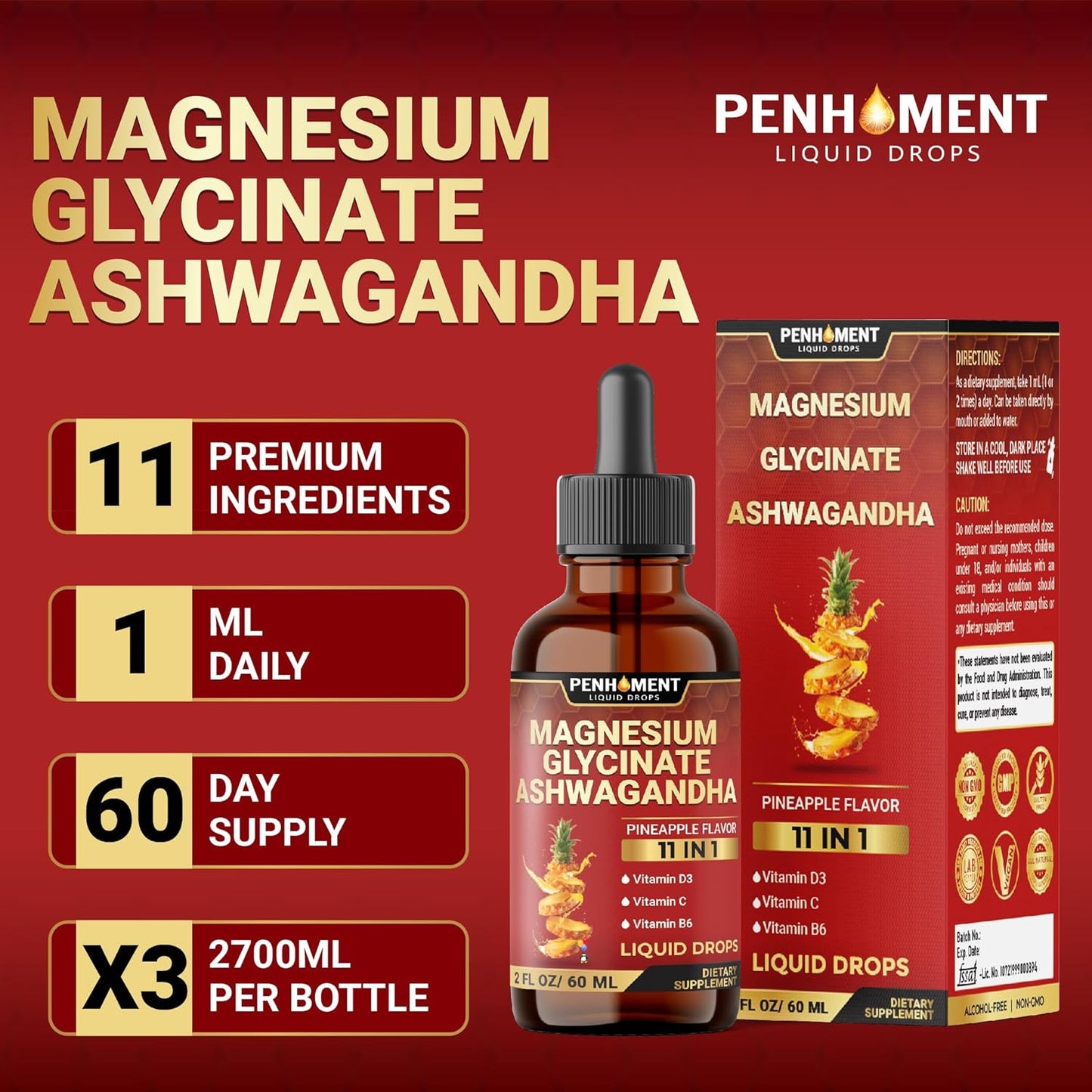 10in1 Magnesium Glycinate Liquid Drops with Ashwagandha Root, Vitamin C, D, B6 - Brain & Immune Support - 2oz Pineapple Flavor