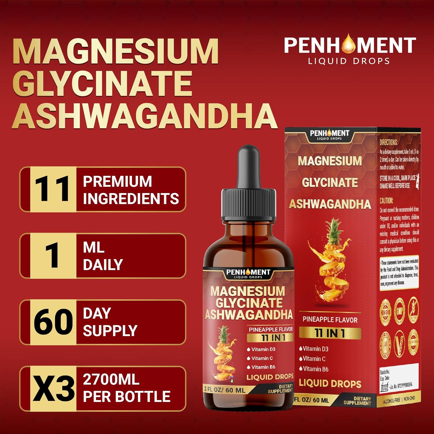 10in1 Magnesium Glycinate Liquid Drops with Ashwagandha Root, Vitamin C, D, B6 - Brain & Immune Support - 2oz Pineapple Flavor