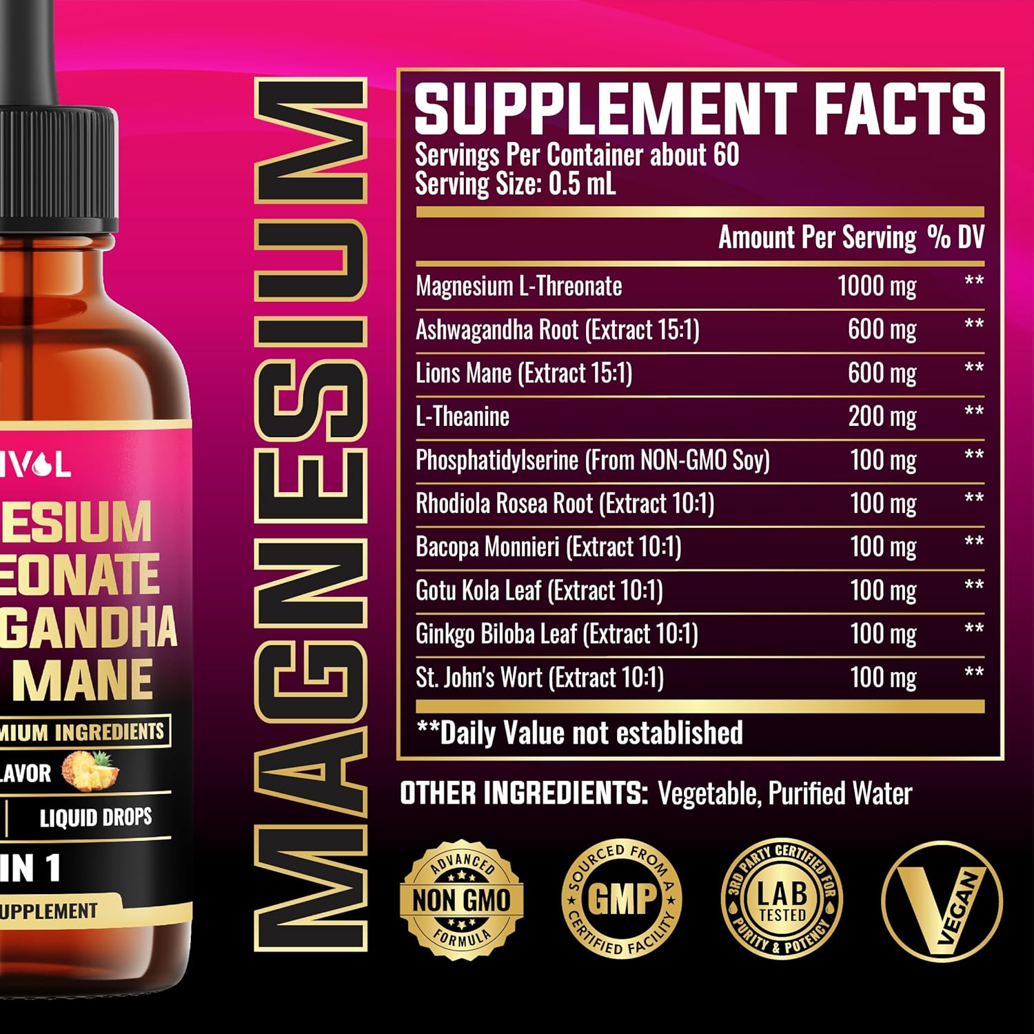 10in1 Magnesium L-Threonate Liquid Drops with Ashwagandha, Lions Mane & 7 Herbals - 1 Fl Oz - Pineapple Flavor