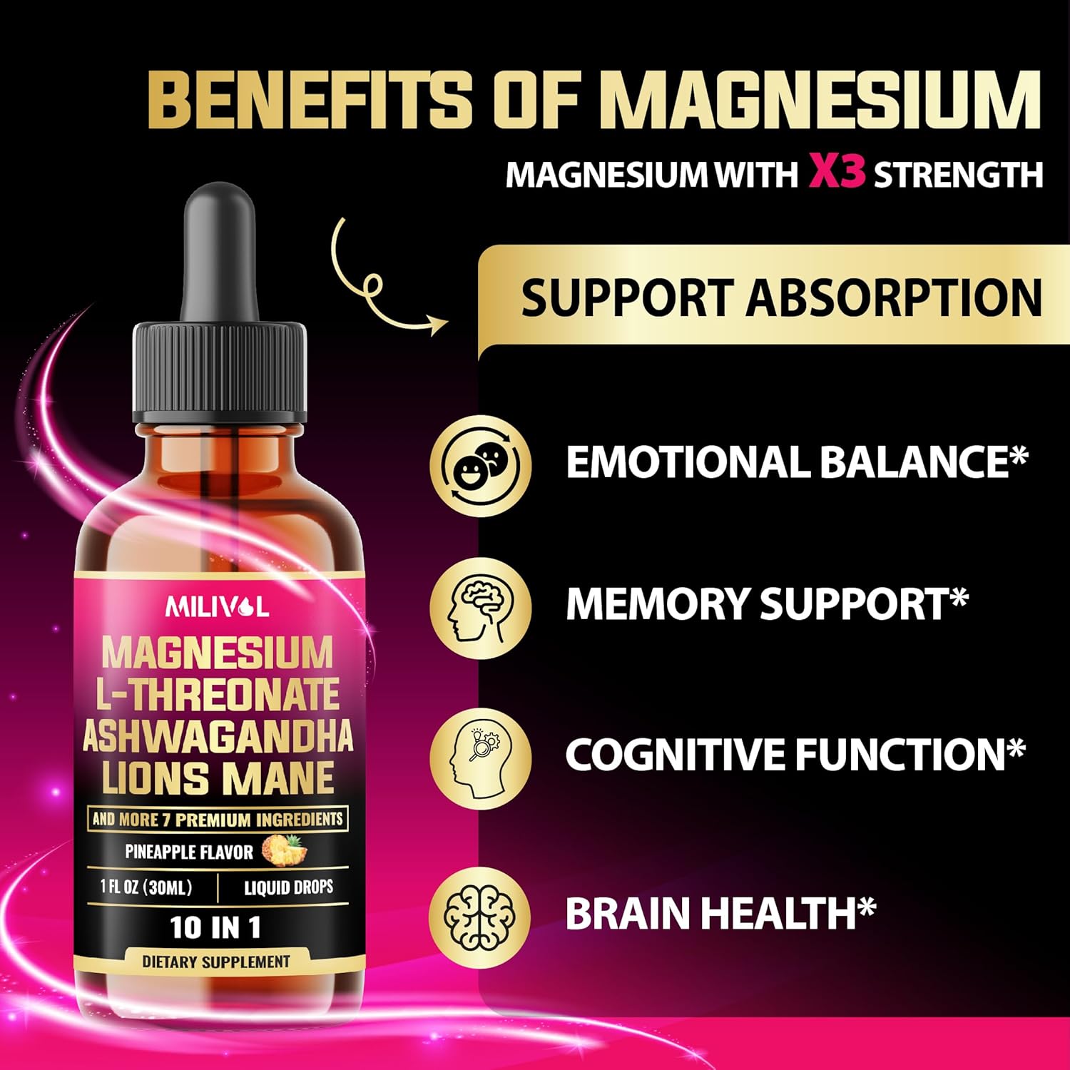 10in1 Magnesium L-Threonate Liquid Drops with Ashwagandha, Lions Mane & 7 Herbals - 1 Fl Oz - Pineapple Flavor