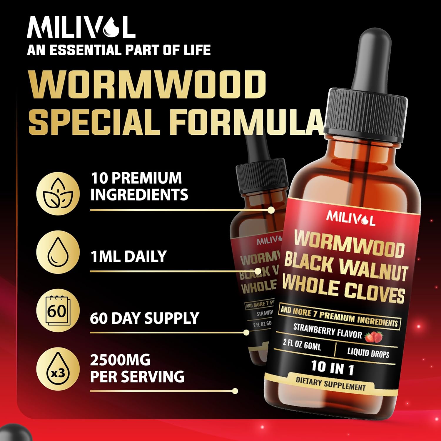 10in1 Wormwood Liquid Drops with Black Walnut, Cloves & More - Digestive & Immune Support - 2 Fl Oz