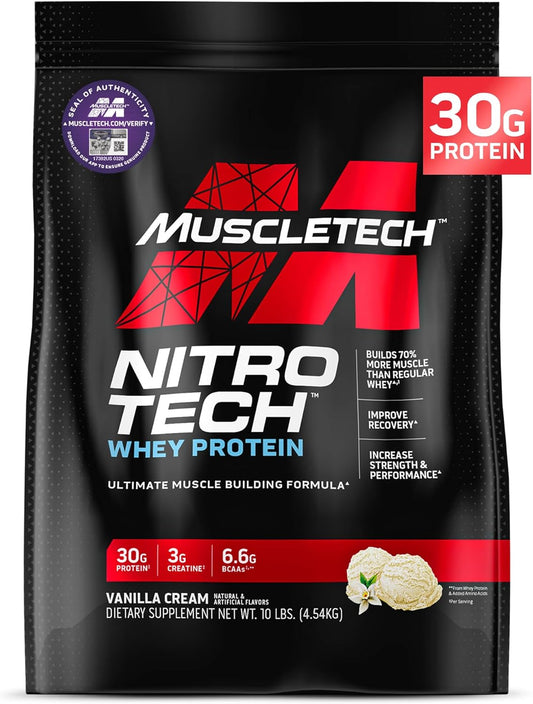 10lb Muscletech Vanilla Cream Whey Protein Powder - Nitro-Tech Formula with Whey Isolate, Peptides, 30g Protein, 3g Creatine, 6.8g BCAA