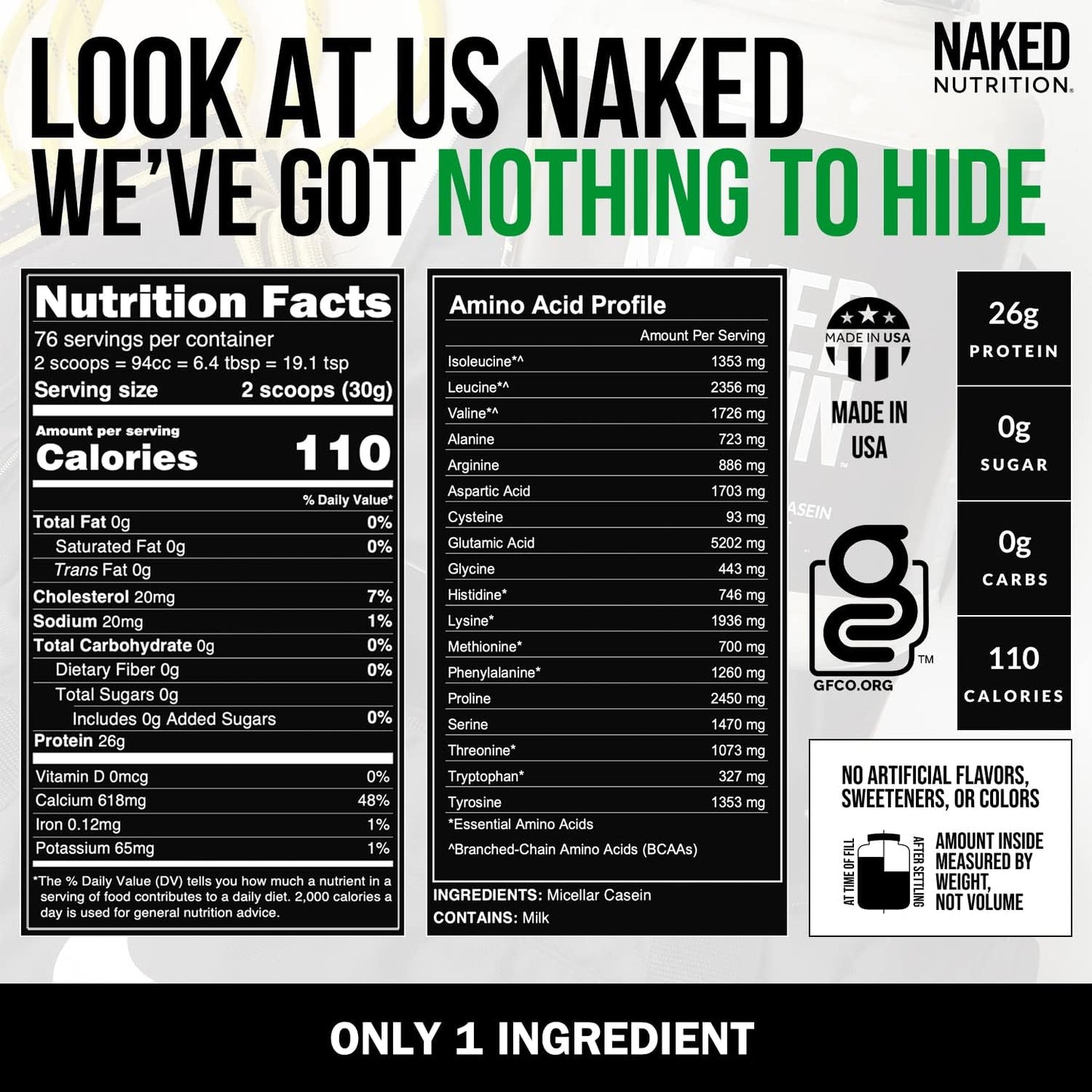 10LB Naked Nutrition Grass Fed Protein Bundle: Unflavored Whey & Casein Powder Pack for Muscle Growth & Recovery