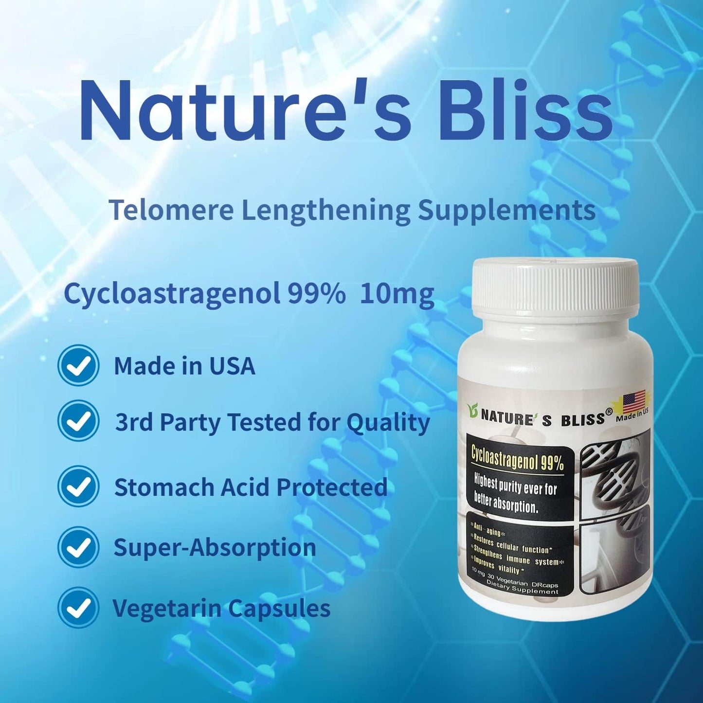 10mg Cycloastragenol Telomerase Supplements - 99% Astragalus Root Extract - Anti Aging & Immunity Boost - Stomach Acid Protected - Super Absorption - 30 Capsules