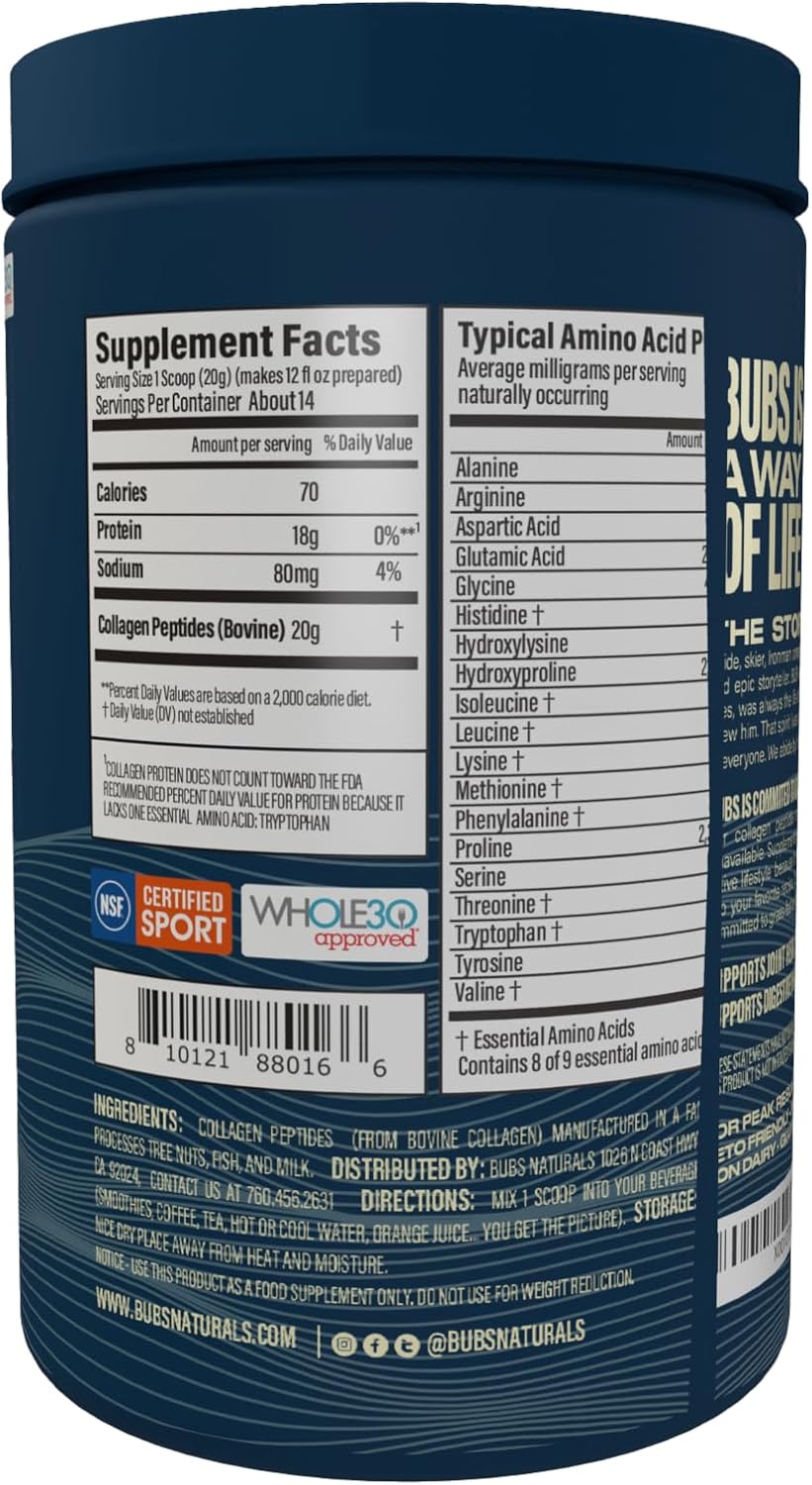 10oz BUBS Naturals Unflavored Collagen Peptides Powder - Grass Fed, Paleo & Keto Friendly - Joint & Skin Support - Non-GMO & Gluten Free