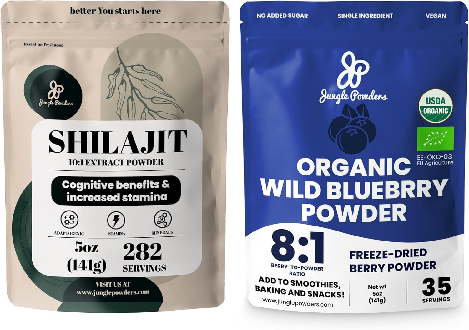 10oz Jungle Powders Combo Pack: Raw Shilajit & Organic Wild Blueberry Powder for Men's Energy Support - USDA Certified Freeze-Dried Blueberries for Immune Boost, Baking, Smoothies