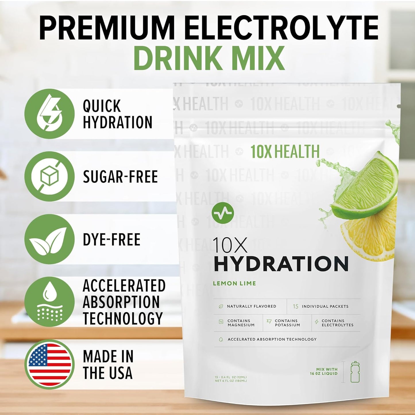 10X Health System Lemon Lime Electrolyte Drink Mix with Magnesium Citrate, Sodium & Potassium - 15 Stickpacks