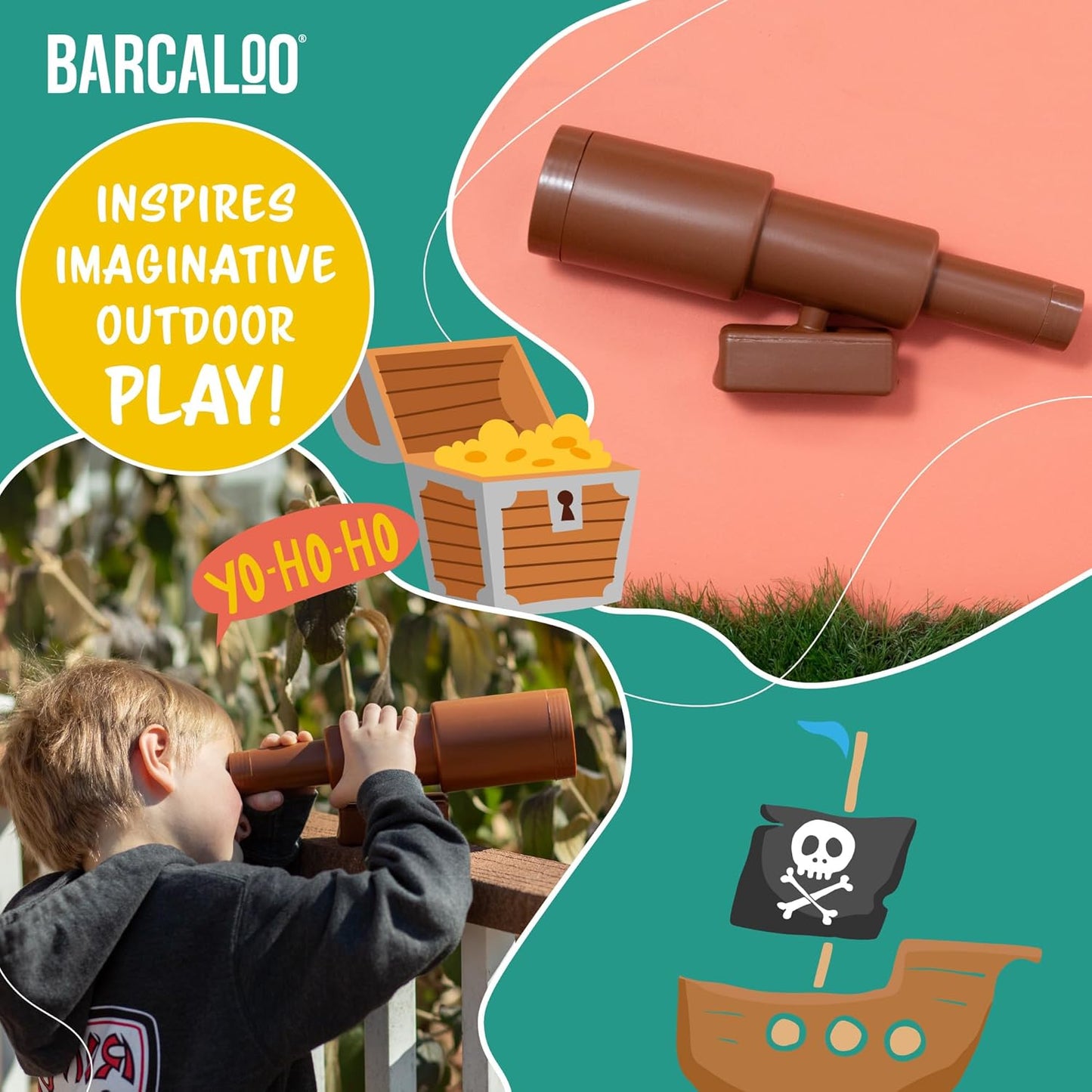 11" Brown Pirate Telescope for Kids Outdoor Playset - Barcaloo Playhouse Accessory for Backyard Treehouse, Jungle Gym, or Swing Set