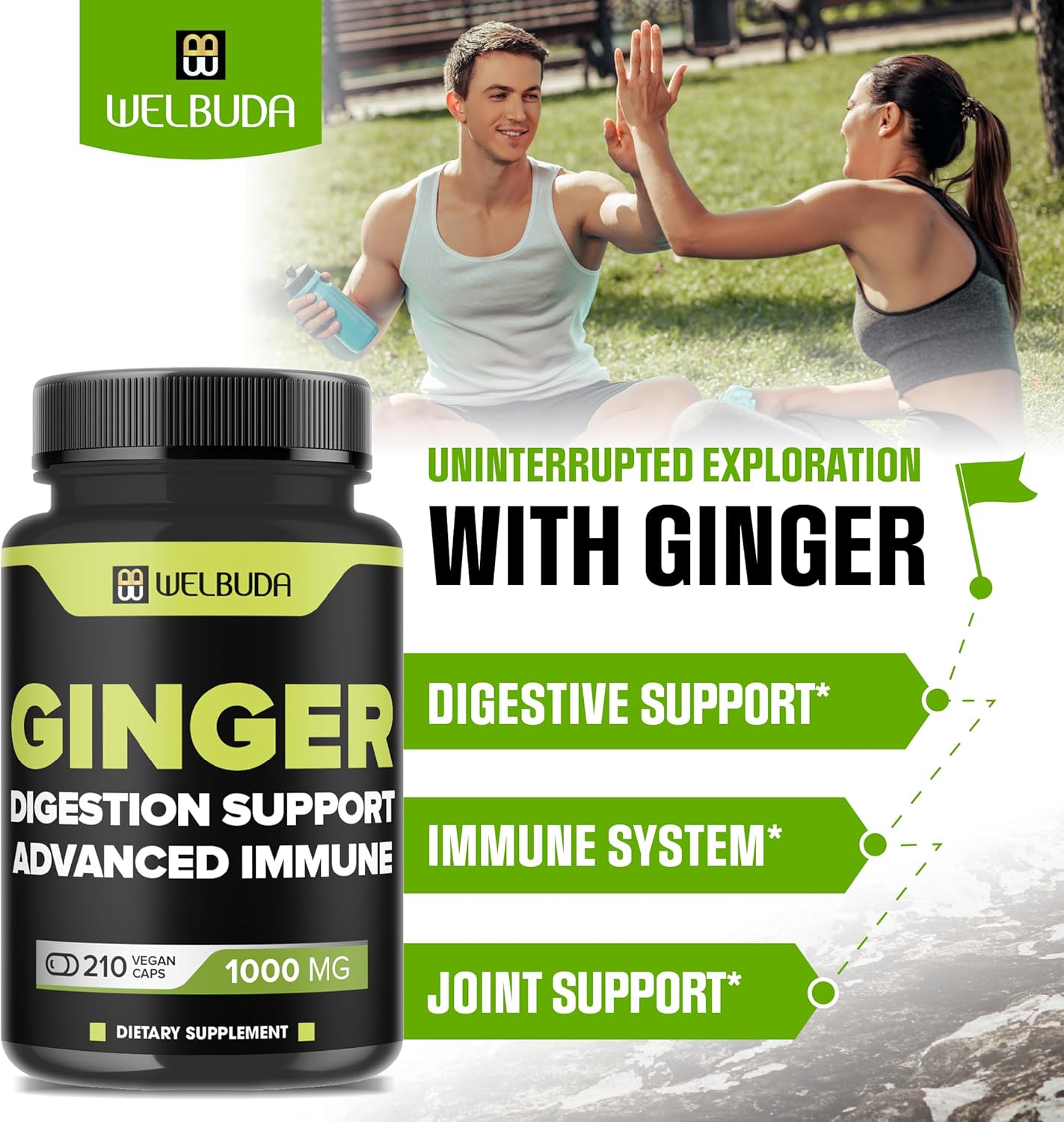 11-in-1 Ginger Supplement Capsules with Berberine HCl, Elderberry, Echinacea - Support Digestion, Joints, Immune System, Heart - 210 Pills