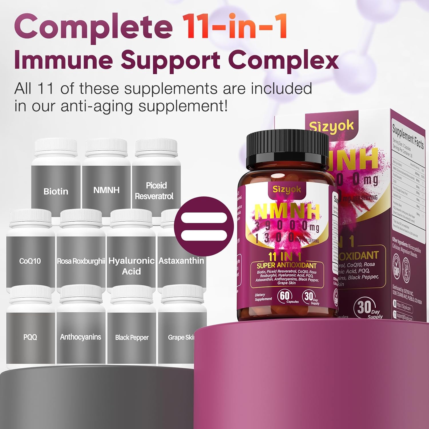 11-in-1 NMNH NAD+ Supplement with Resveratrol & CoQ10, 600mg, Anti-Aging Support, 60 Count