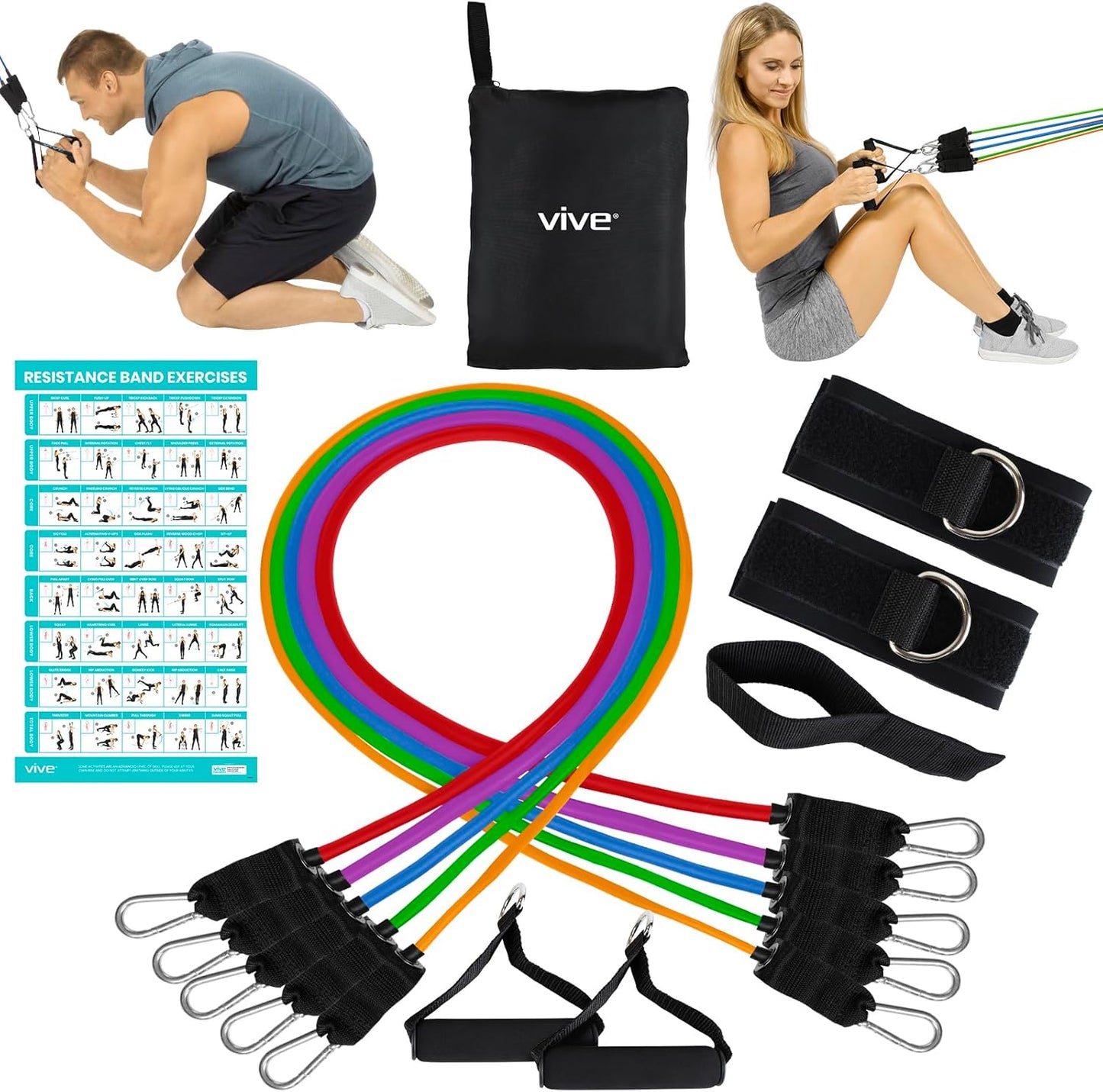 11-Piece Vive Resistance Bands Set with Handles and Door Anchor - Adjustable Tension from 2 to 70 LBs - Elastic Fitness Equipment for Home Workouts, Men and Women Training Therapy