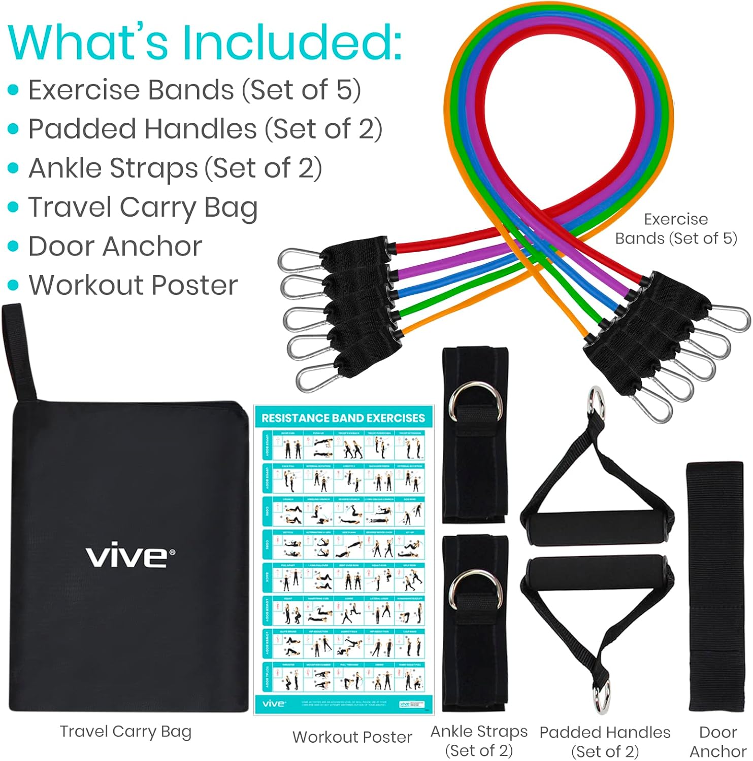 11-Piece Vive Resistance Bands Set with Handles and Door Anchor - Adjustable Tension from 2 to 70 LBs - Elastic Fitness Equipment for Home Workouts, Men and Women Training Therapy