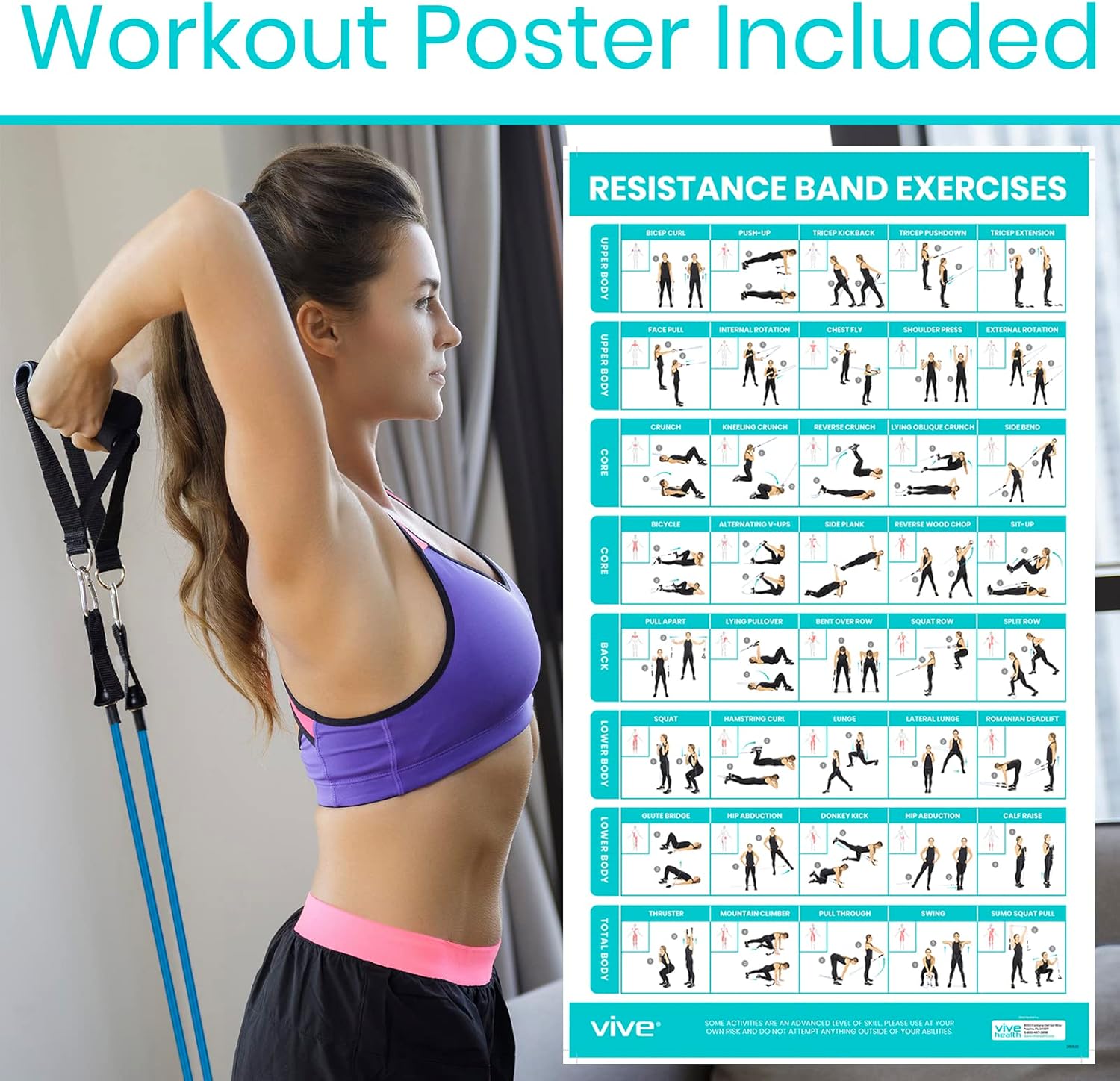 11-Piece Vive Resistance Bands Set with Handles and Door Anchor - Adjustable Tension from 2 to 70 LBs - Elastic Fitness Equipment for Home Workouts, Men and Women Training Therapy