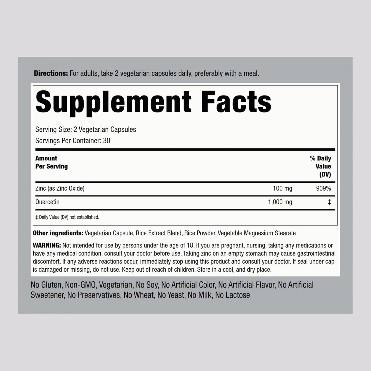 1100 mg Quercetin Zinc Complex Capsules | Non-GMO, Gluten Free Supplement | Piping Rock