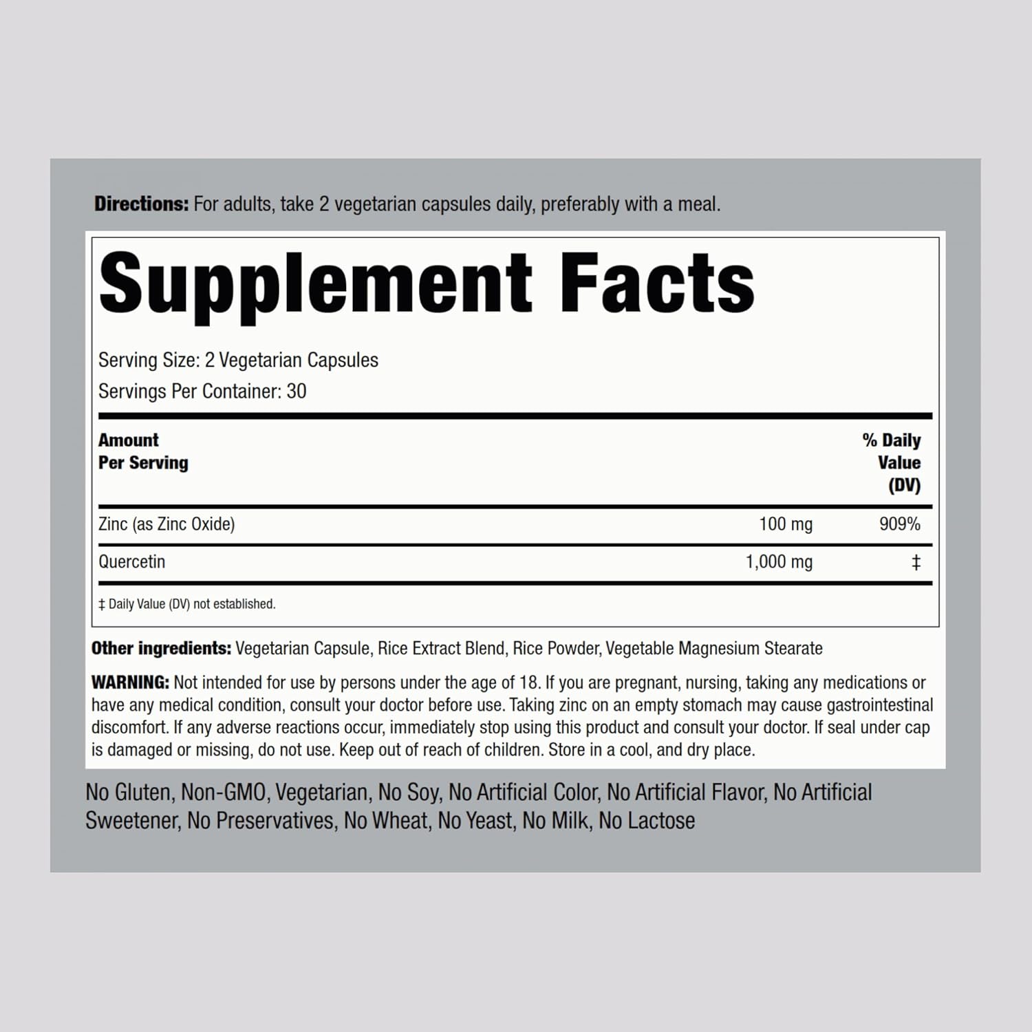 1100 mg Quercetin Zinc Complex Capsules | Non-GMO, Gluten Free Supplement | Piping Rock