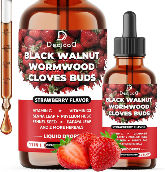 11in1 Black Walnut Liquid Drops with Wormwood Extract, Cloves, Vitamin C, D3 - 2 OZ - 60 Day Supply - Strawberry Flavor