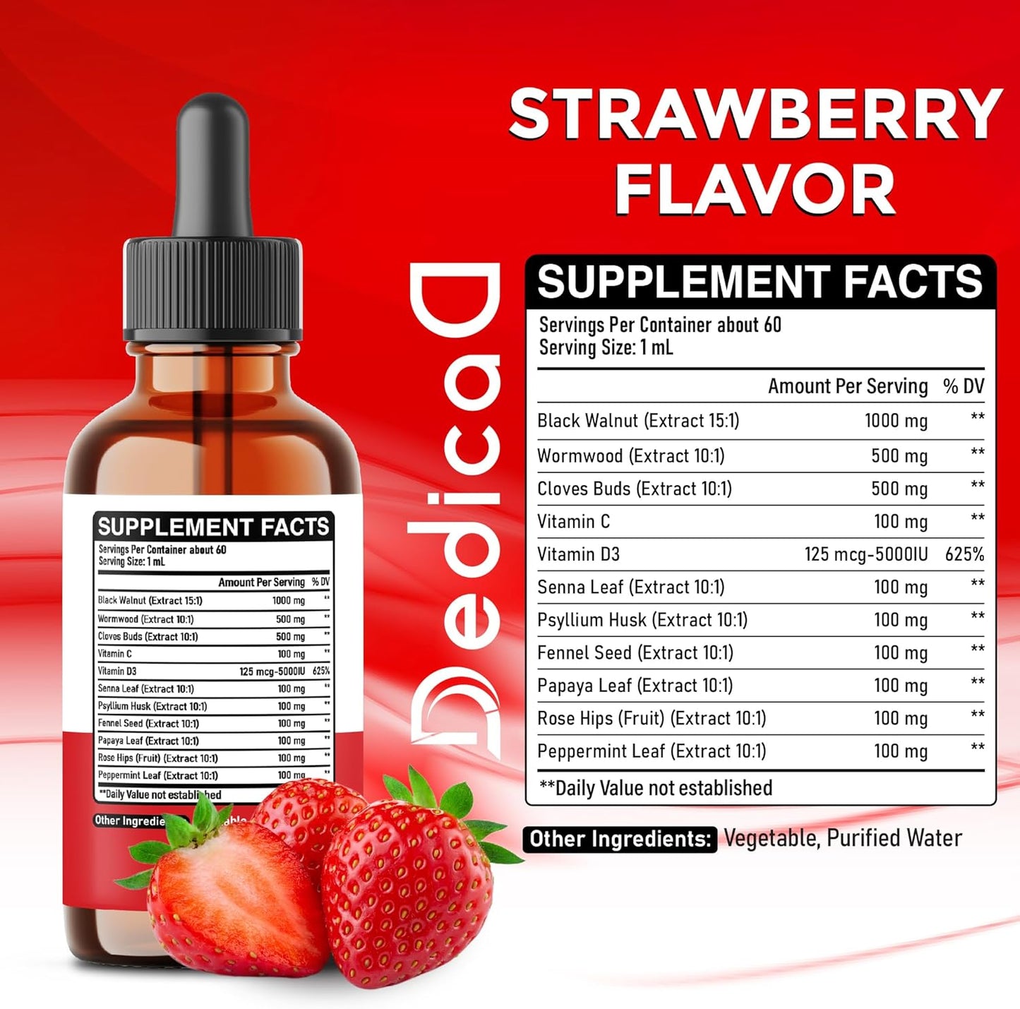 11in1 Black Walnut Liquid Drops with Wormwood Extract, Cloves, Vitamin C, D3 - 2 OZ - 60 Day Supply - Strawberry Flavor