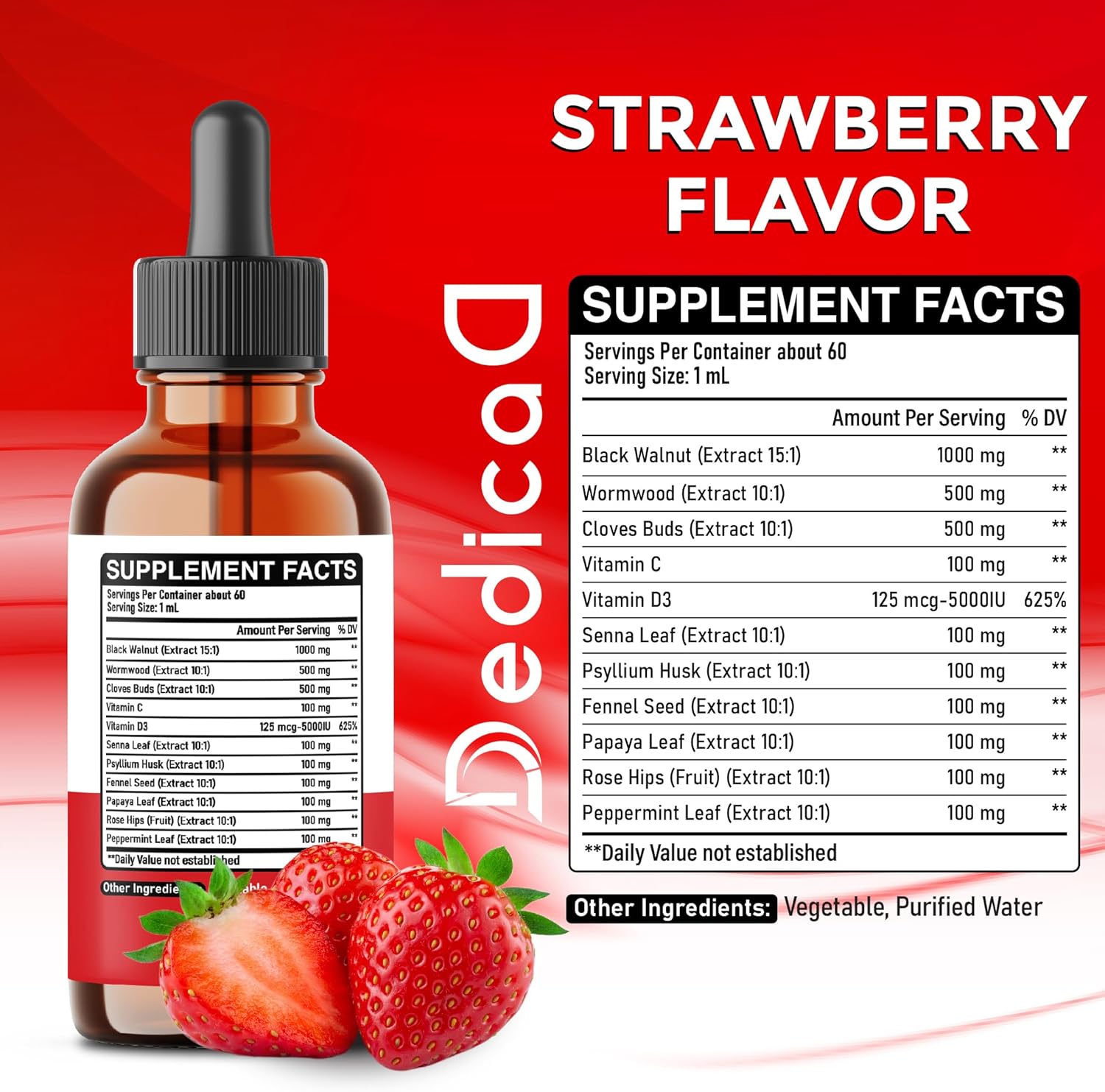 11in1 Black Walnut Liquid Drops with Wormwood Extract, Cloves, Vitamin C, D3 - 2 OZ - 60 Day Supply - Strawberry Flavor