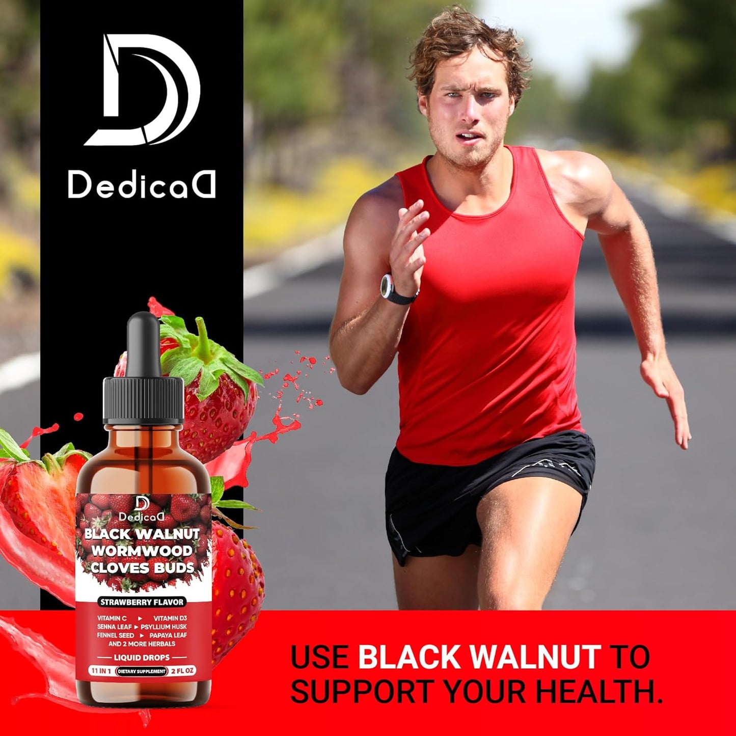11in1 Black Walnut Liquid Drops with Wormwood Extract, Cloves, Vitamin C, D3 - 2 OZ - 60 Day Supply - Strawberry Flavor