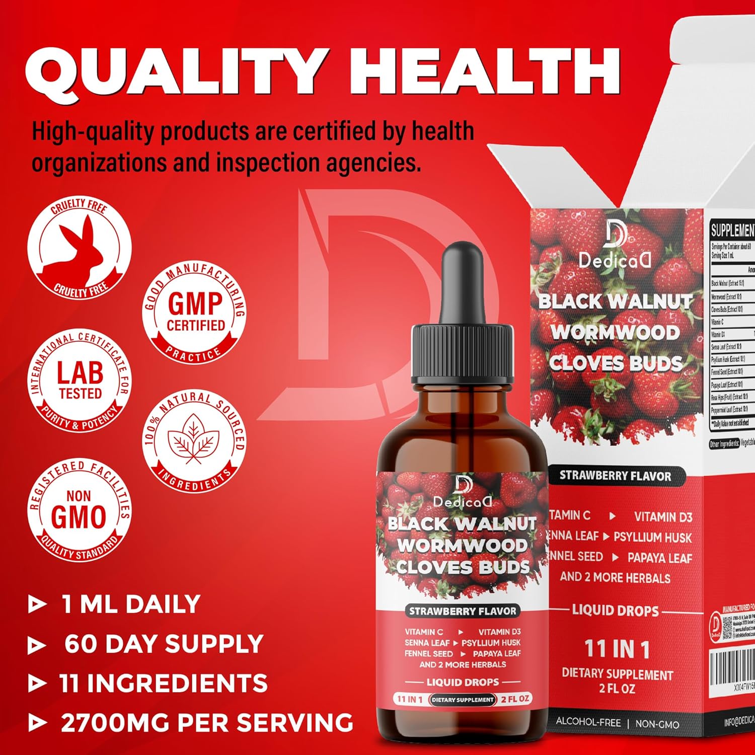 11in1 Black Walnut Liquid Drops with Wormwood Extract, Cloves, Vitamin C, D3 - 2 OZ - 60 Day Supply - Strawberry Flavor