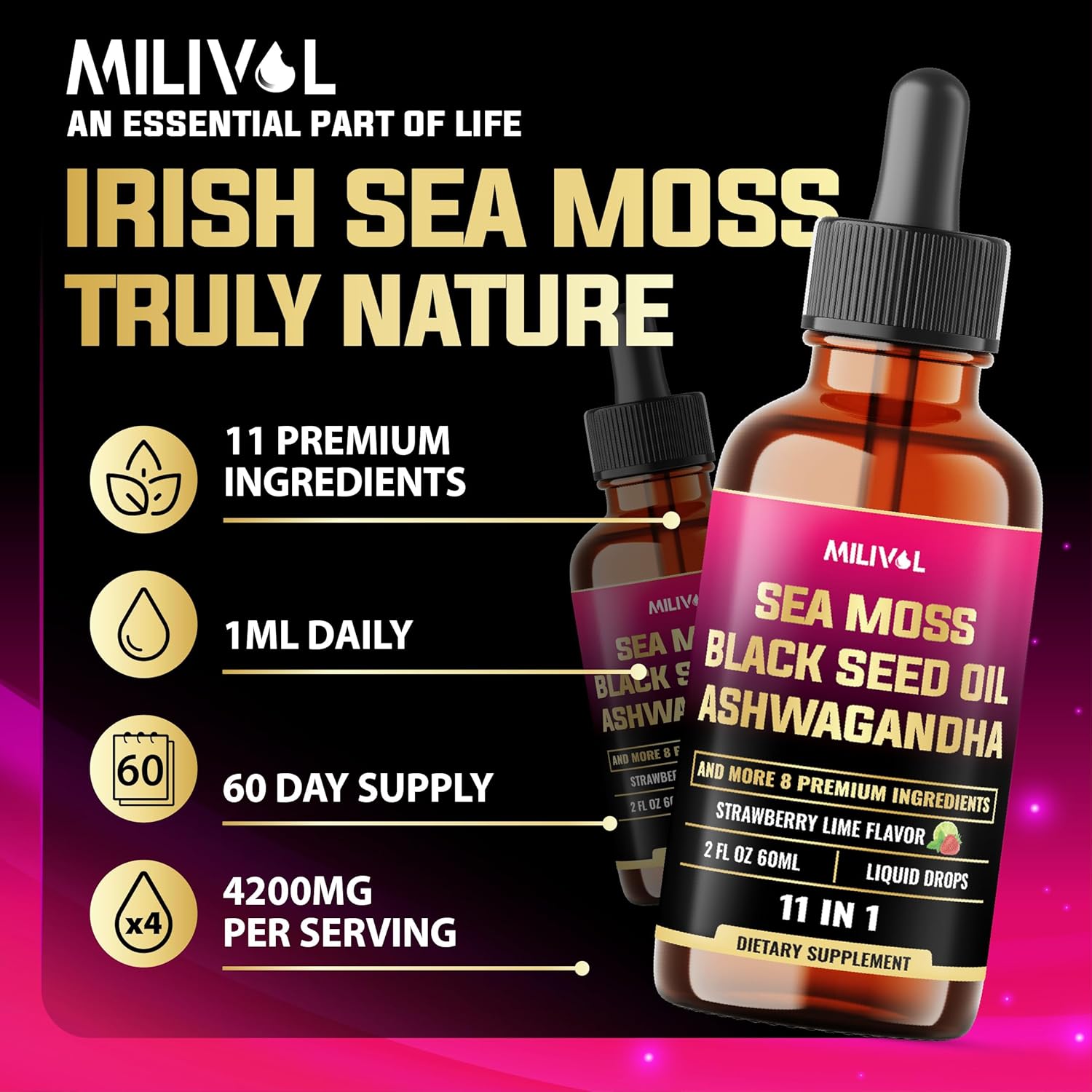 11in1 Sea Moss Liquid Drops with Black Seed Oil, Ashwagandha & More - Immune, Skin, Digestion Supplement - 2 Fl Oz - 60 Day Supply