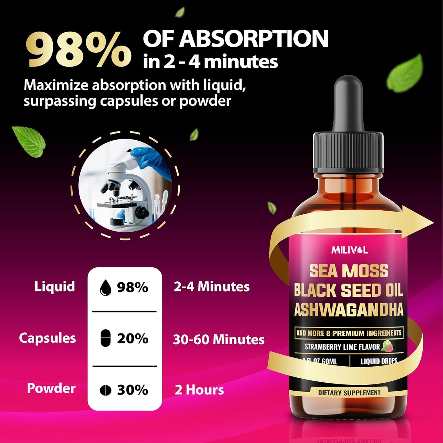 11in1 Sea Moss Liquid Drops with Black Seed Oil, Ashwagandha & More - Immune, Skin, Digestion Supplement - 2 Fl Oz - 60 Day Supply