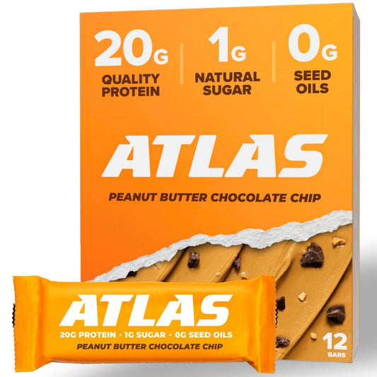 12-Count Atlas Protein Bar - Peanut Butter Chocolate Chip Flavor - 20g Protein, 1g Sugar - Clean, Gluten-Free Ingredients