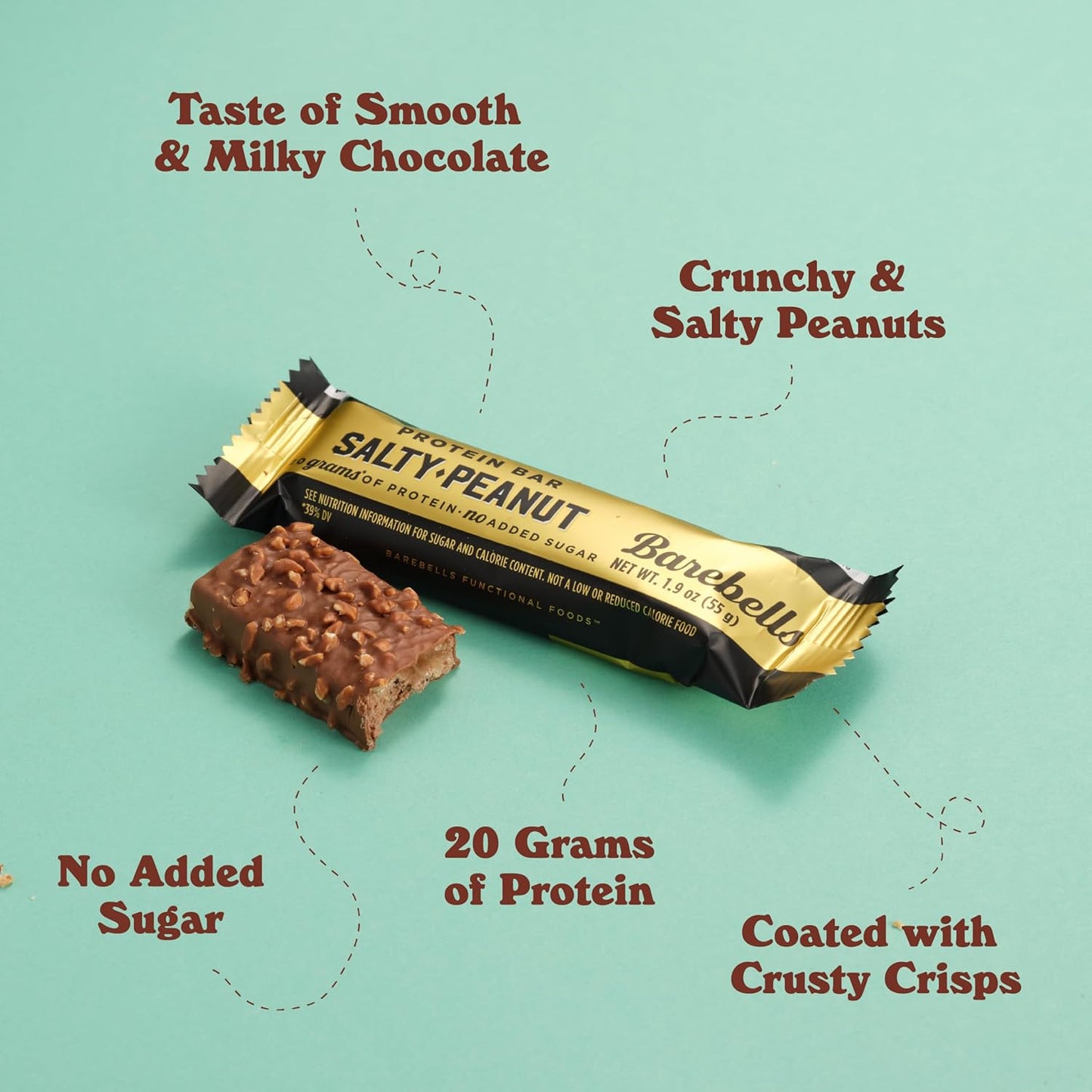 12 Count Barebells Salty Peanut Protein Bars - 20g High Protein Chocolate Nutrition Bar with Only 1g Sugar - Perfect On-The-Go Breakfast or Post-Workout Snack