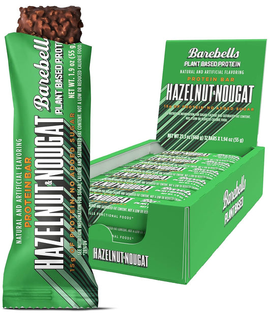 12 Count Barebells Vegan Hazelnut & Nougat Protein Bars - 1.9oz Bars with 15g Plant Based Protein - Low Sugar Chocolate Snacks for Ideal Energy Support