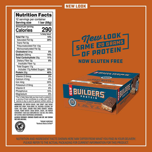 12 Count Clif Builders Protein Bars, Chocolate Peanut Butter Flavor, 20g Protein, 2.4 Ounce Bars - Gluten Free