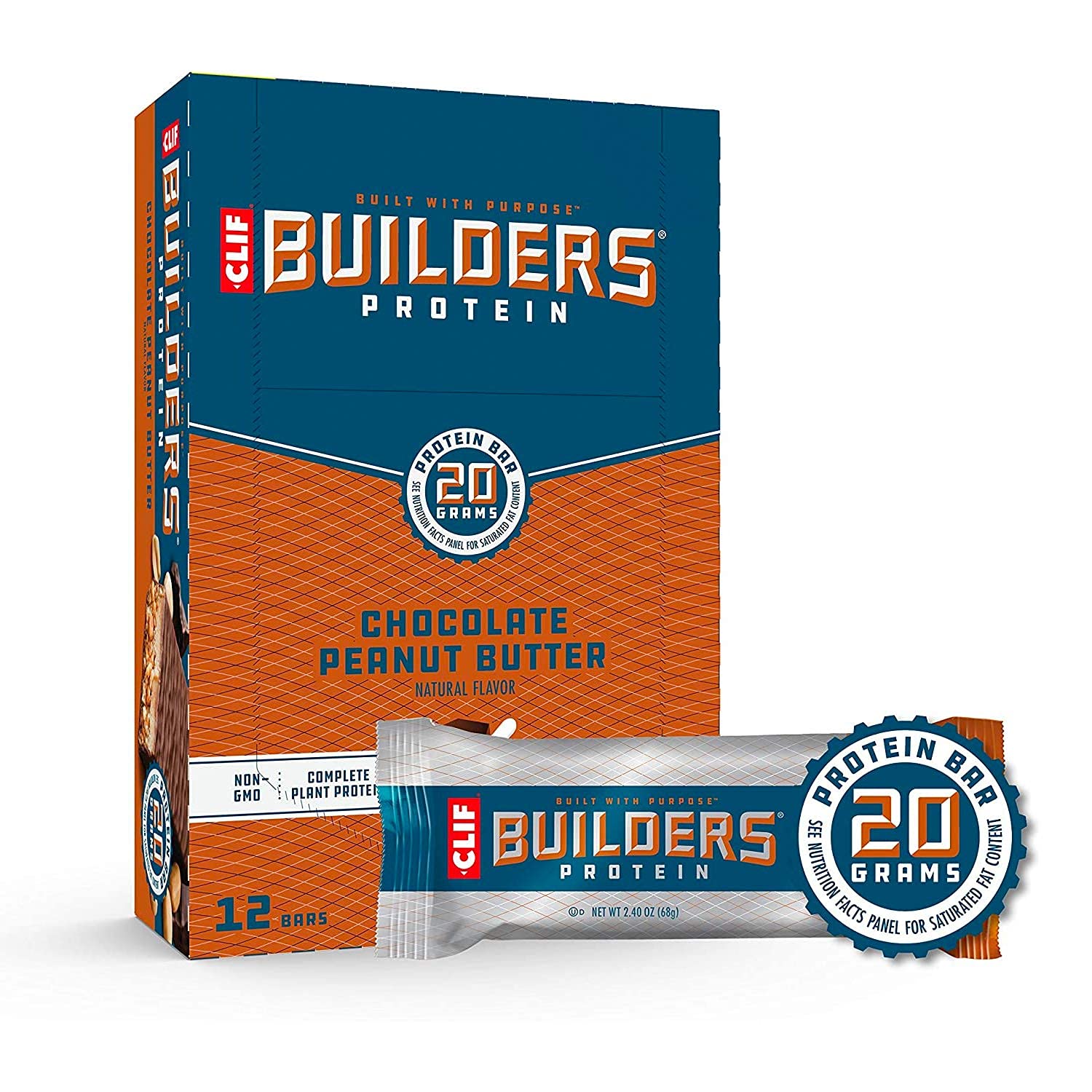 12 Count Clif Builders Protein Bars, Chocolate Peanut Butter Flavor, 20g Protein, 2.4 Ounce Bars - Gluten Free