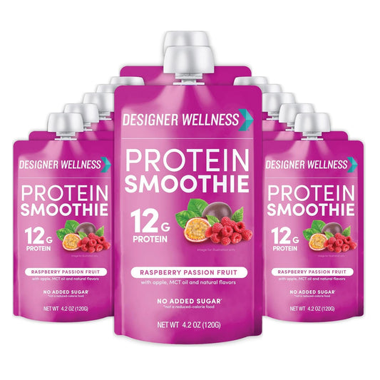 12-Count Designer Wellness Protein Smoothie with Real Fruit, 12g Protein, Low Carb, Zero Added Sugar, Gluten-Free, Non-GMO, Raspberry Passion Fruit Flavor