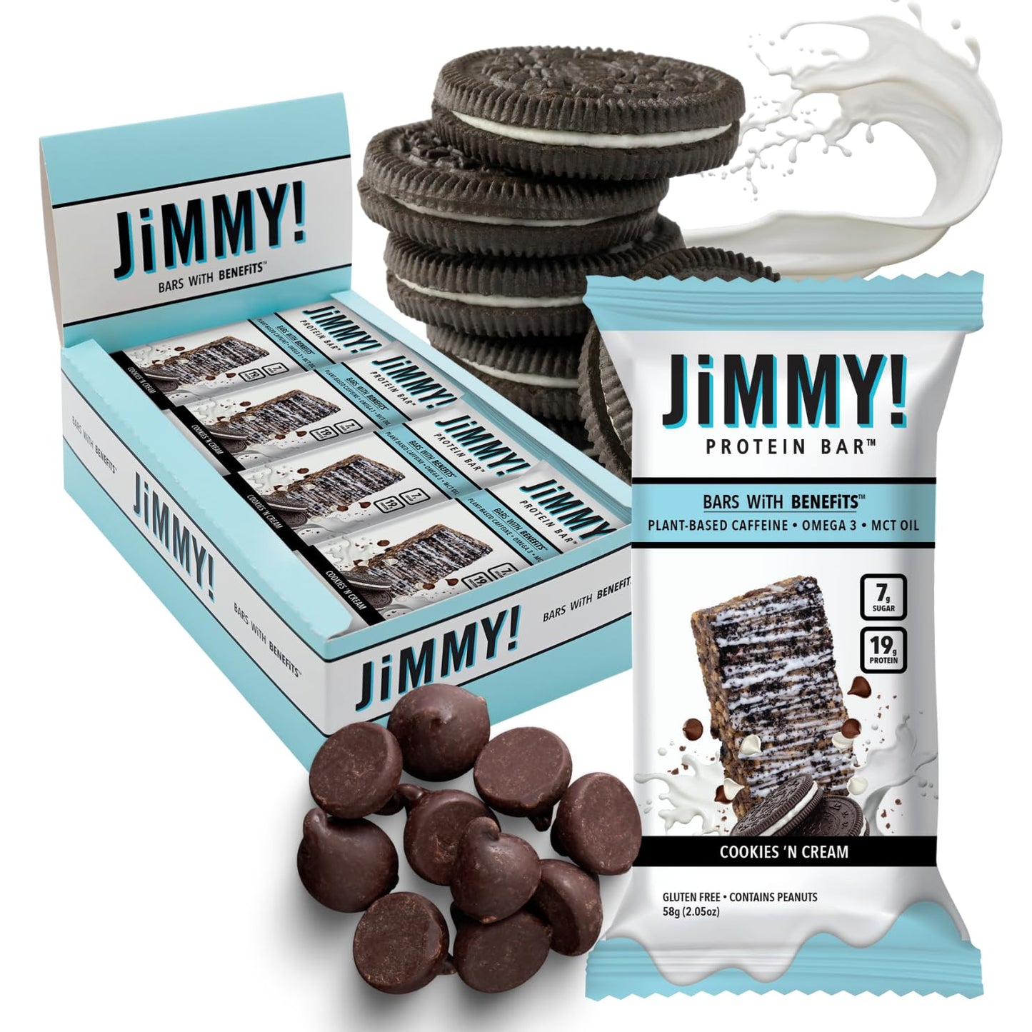 12-Count JIMMYBAR JiMMY'S! Cookies and Cream Protein Bar with 18g Protein, Caffeine, Omega 3, MCT Oils - Low Sugar, Gluten-Free, Energy-Boosting Snack