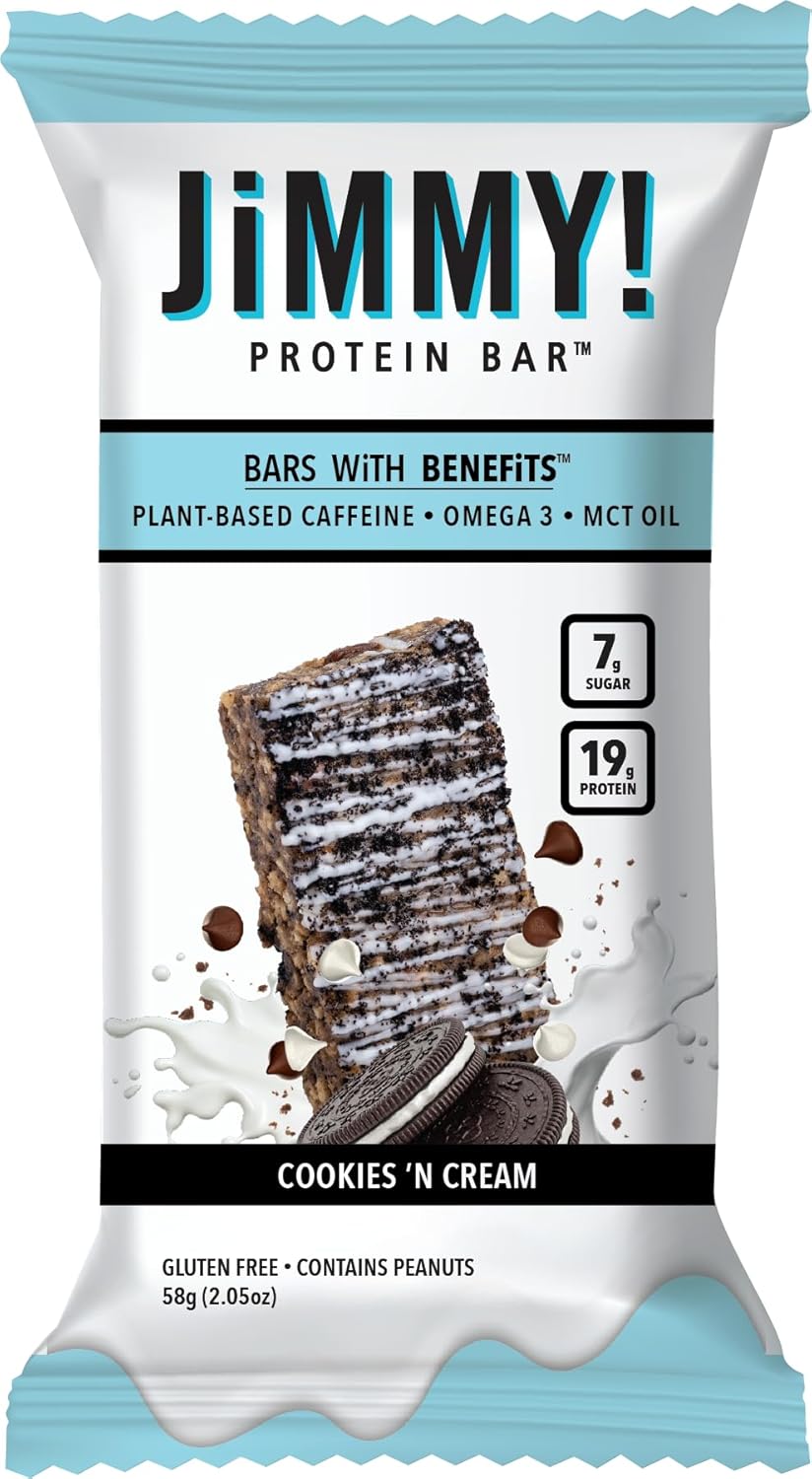 12-Count JIMMYBAR JiMMY'S! Cookies and Cream Protein Bar with 18g Protein, Caffeine, Omega 3, MCT Oils - Low Sugar, Gluten-Free, Energy-Boosting Snack